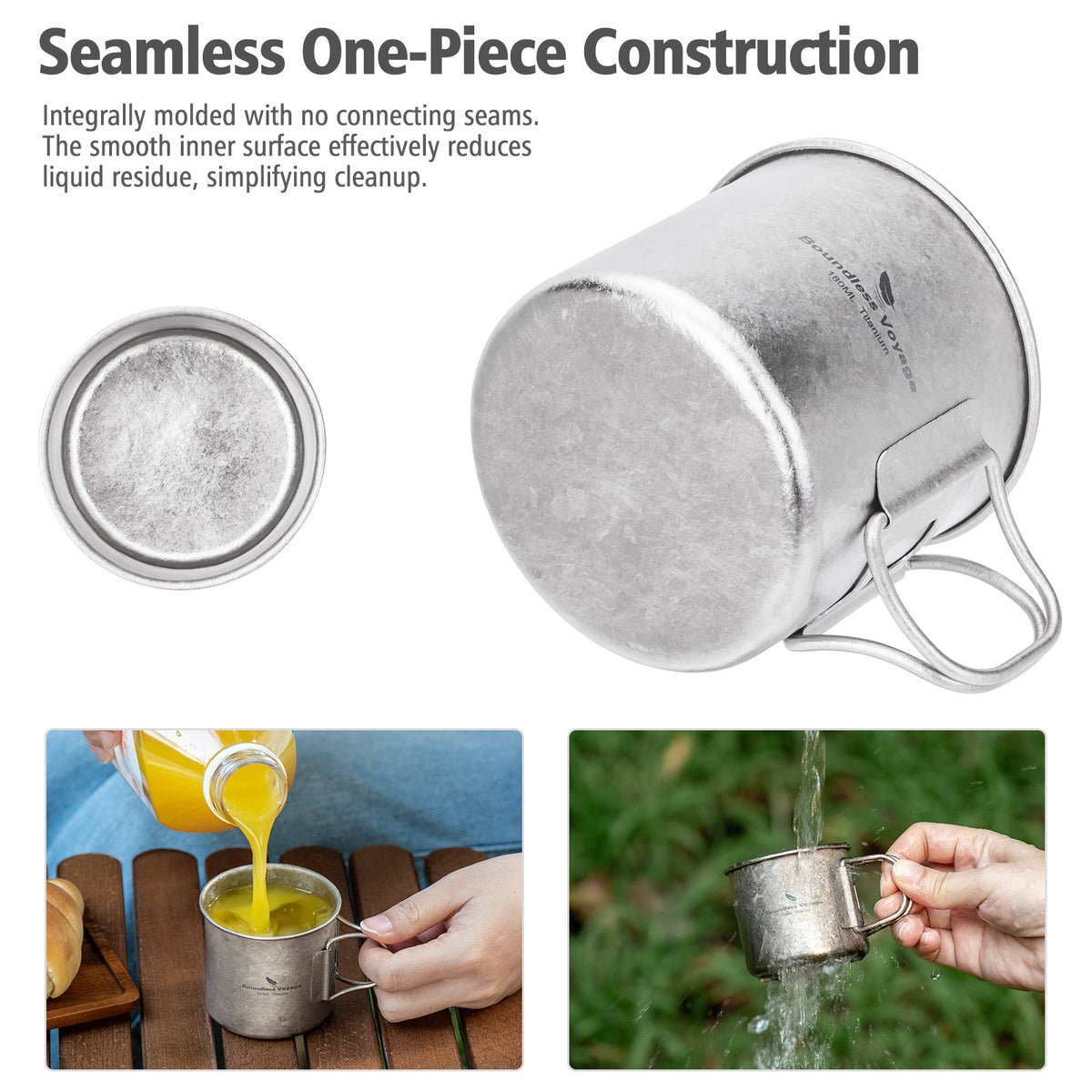 Boundless Voyage 180ml Titanium Camping Cup with Folding Handle – Ultralight Mini Coffee Mug, Natural & Crystalline Finishes