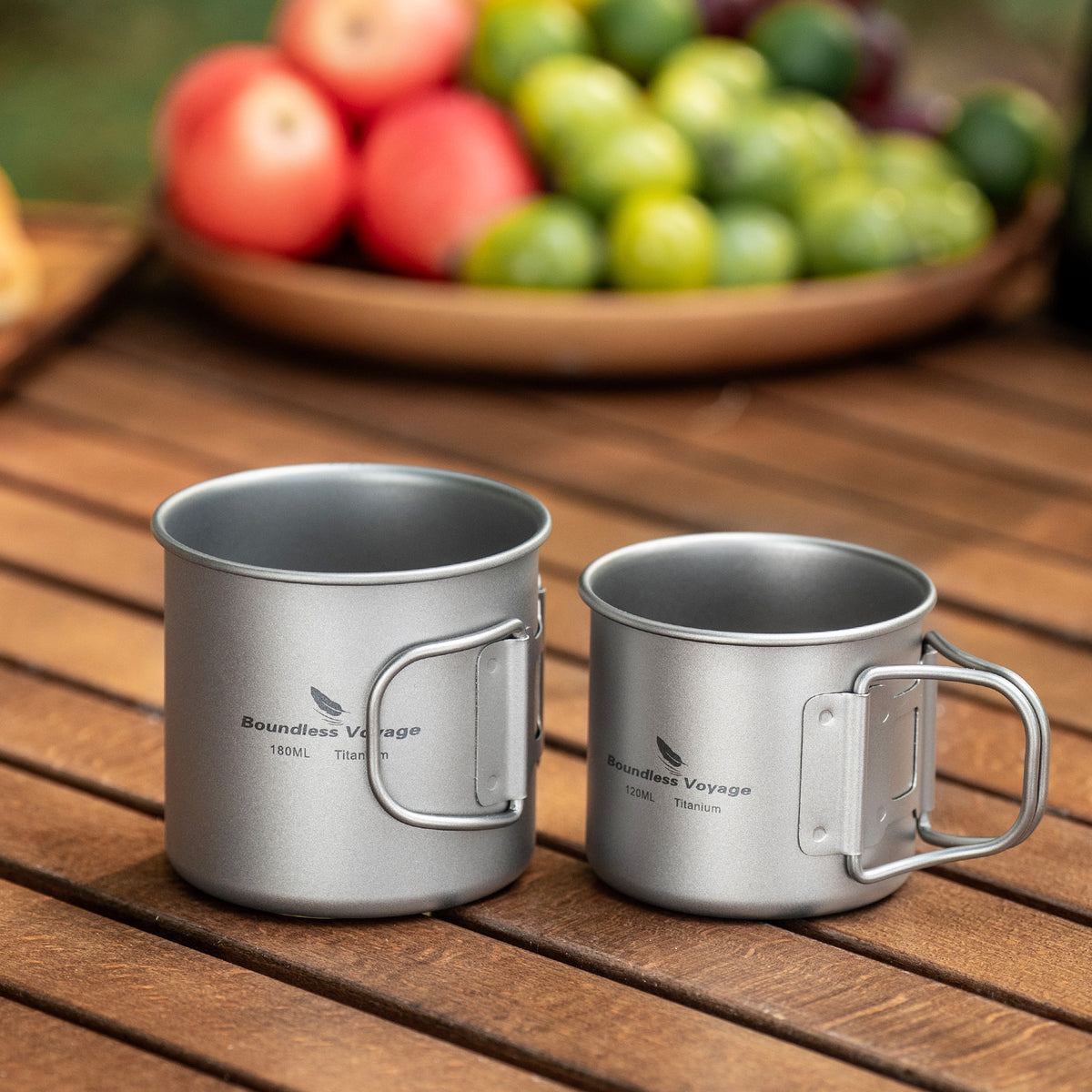 Boundless Voyage Titanium Camping Cup Set 120ml + 180ml – Ultralight Mini Coffee & Tea Mugs with Folding Handles, 2-Piece Set