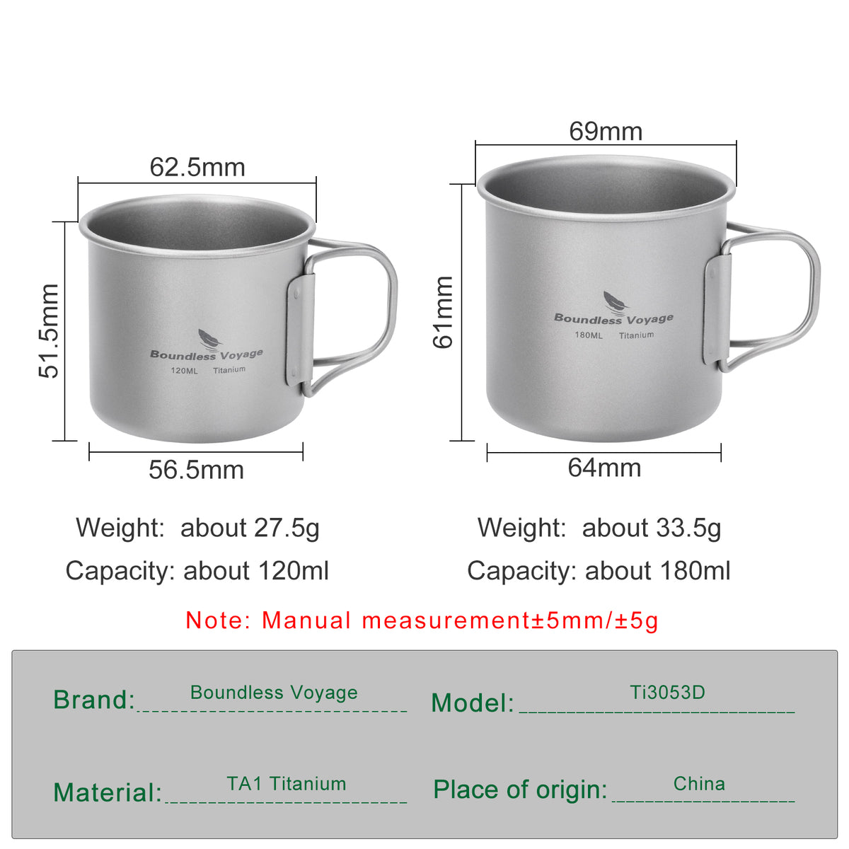 Boundless Voyage Titanium Camping Cup Set 120ml + 180ml – Ultralight Mini Coffee & Tea Mugs with Folding Handles, 2-Piece Set