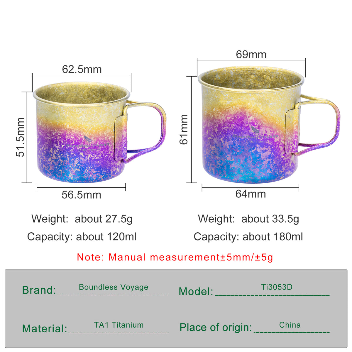 Boundless Voyage Titanium Camping Cup Set 120ml + 180ml – Ultralight Mini Coffee & Tea Mugs with Folding Handles, 2-Piece Set