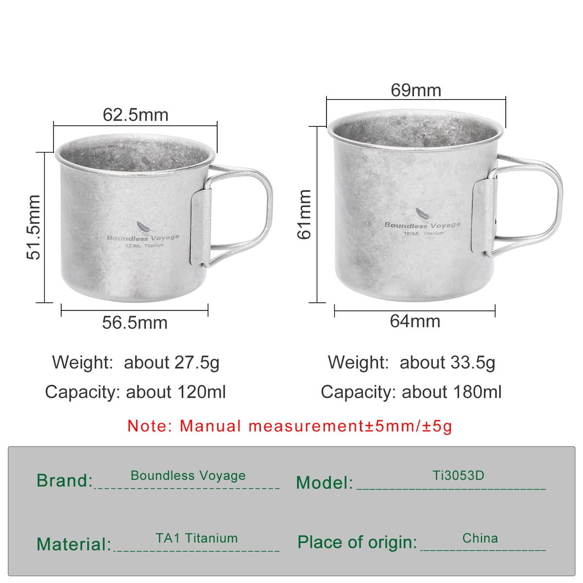Boundless Voyage Titanium Camping Cup Set 120ml + 180ml – Ultralight Mini Coffee & Tea Mugs with Folding Handles, 2-Piece Set