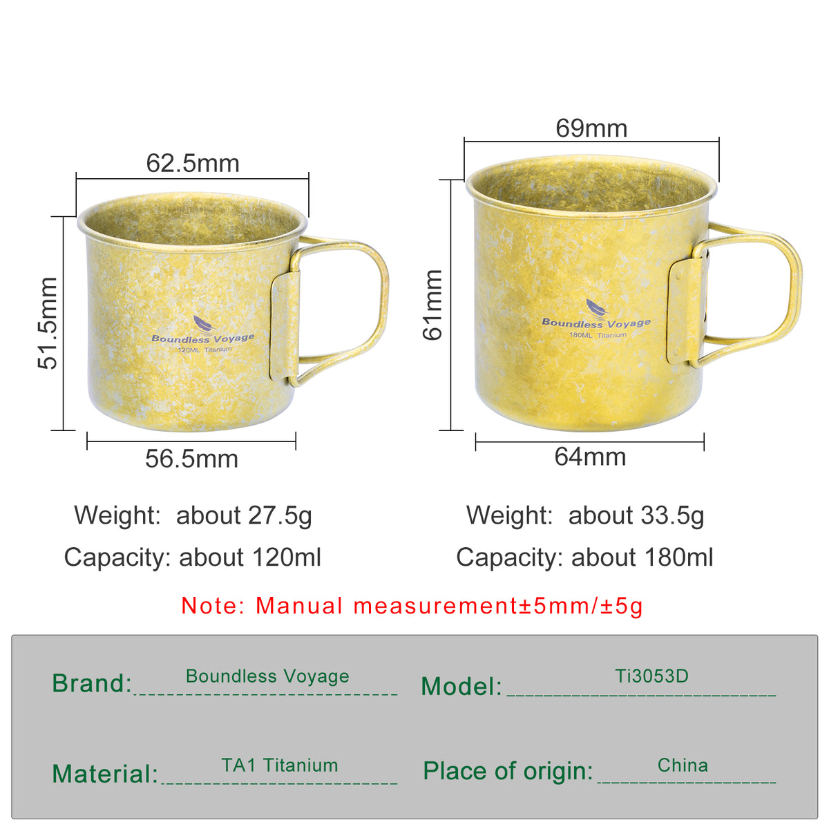 Boundless Voyage Titanium Camping Cup Set 120ml + 180ml – Ultralight Mini Coffee & Tea Mugs with Folding Handles, 2-Piece Set