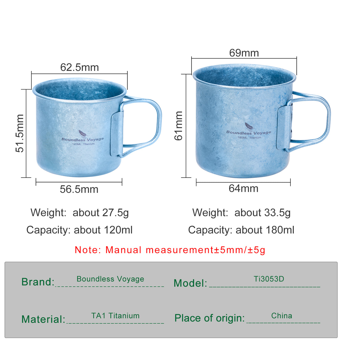 Boundless Voyage Titanium Camping Cup Set 120ml + 180ml – Ultralight Mini Coffee & Tea Mugs with Folding Handles, 2-Piece Set