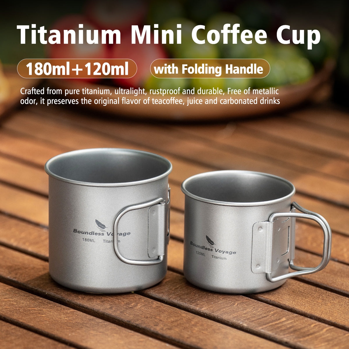 Boundless Voyage Titanium Camping Cup Set 120ml + 180ml – Ultralight Mini Coffee & Tea Mugs with Folding Handles, 2-Piece Set