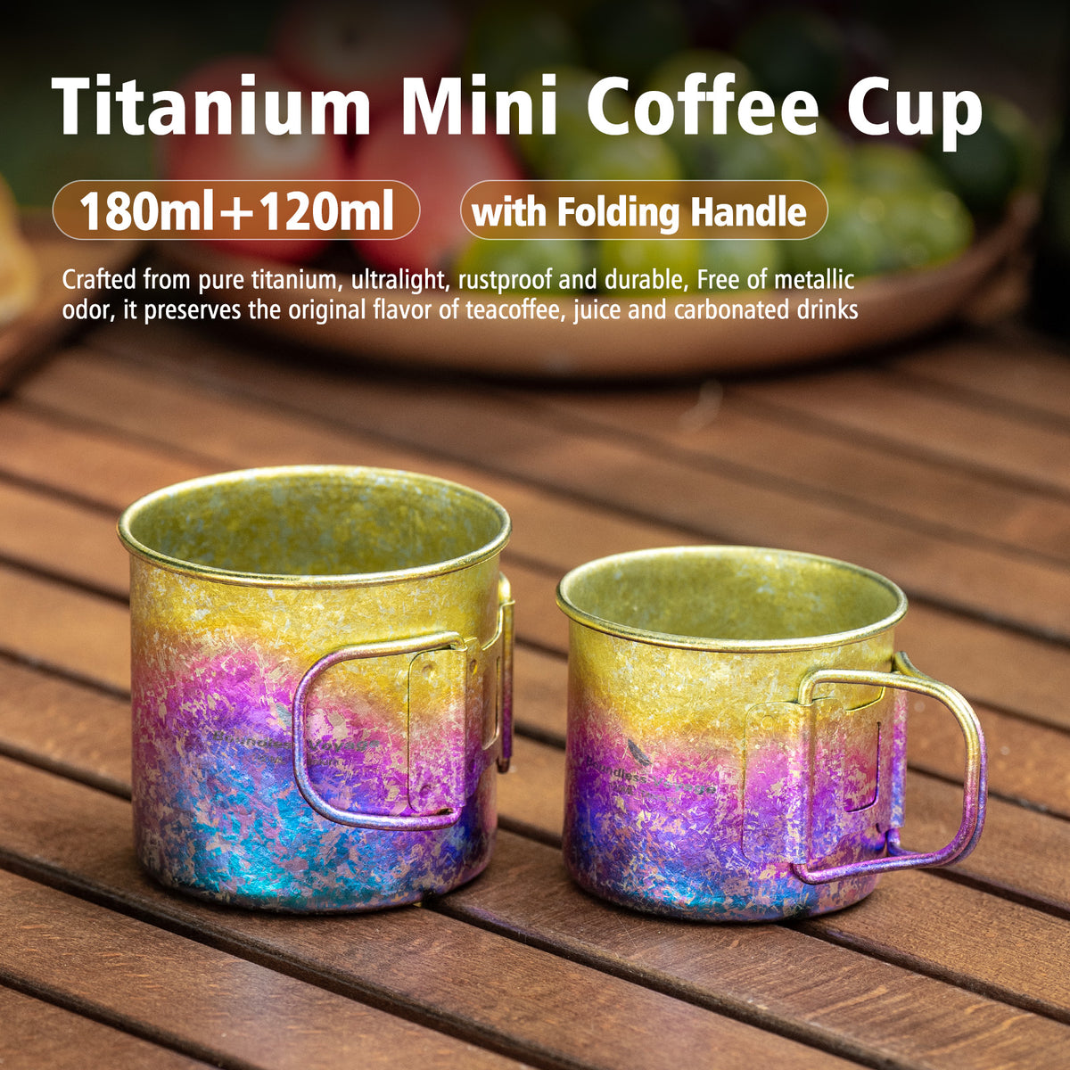 Boundless Voyage Titanium Camping Cup Set 120ml + 180ml – Ultralight Mini Coffee & Tea Mugs with Folding Handles, 2-Piece Set
