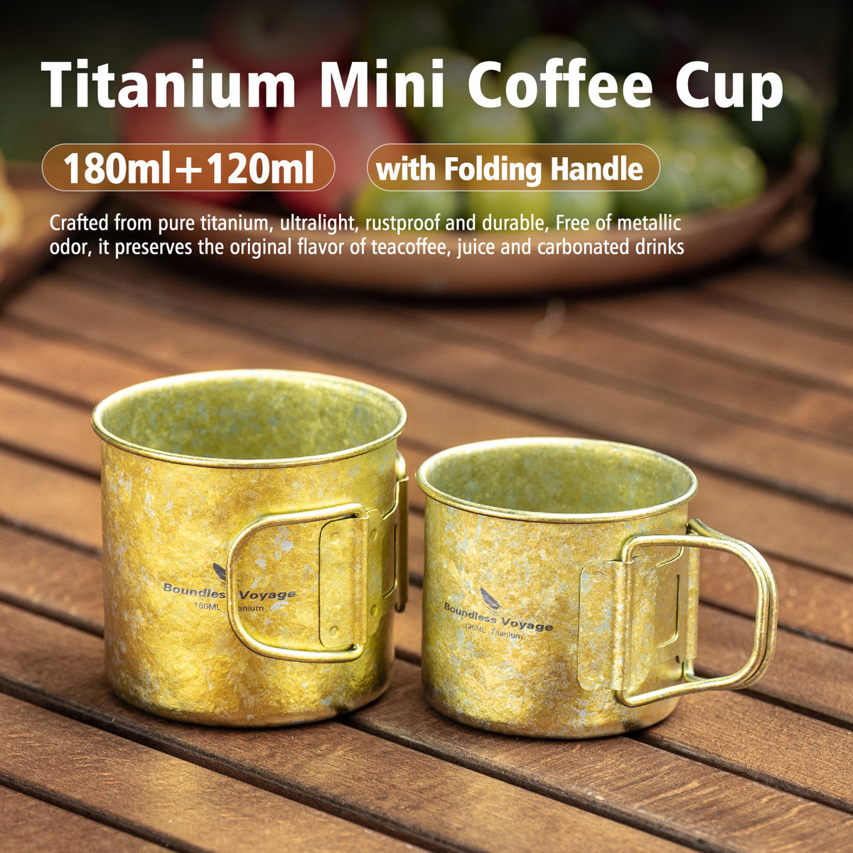 Boundless Voyage Titanium Camping Cup Set 120ml + 180ml – Ultralight Mini Coffee & Tea Mugs with Folding Handles, 2-Piece Set