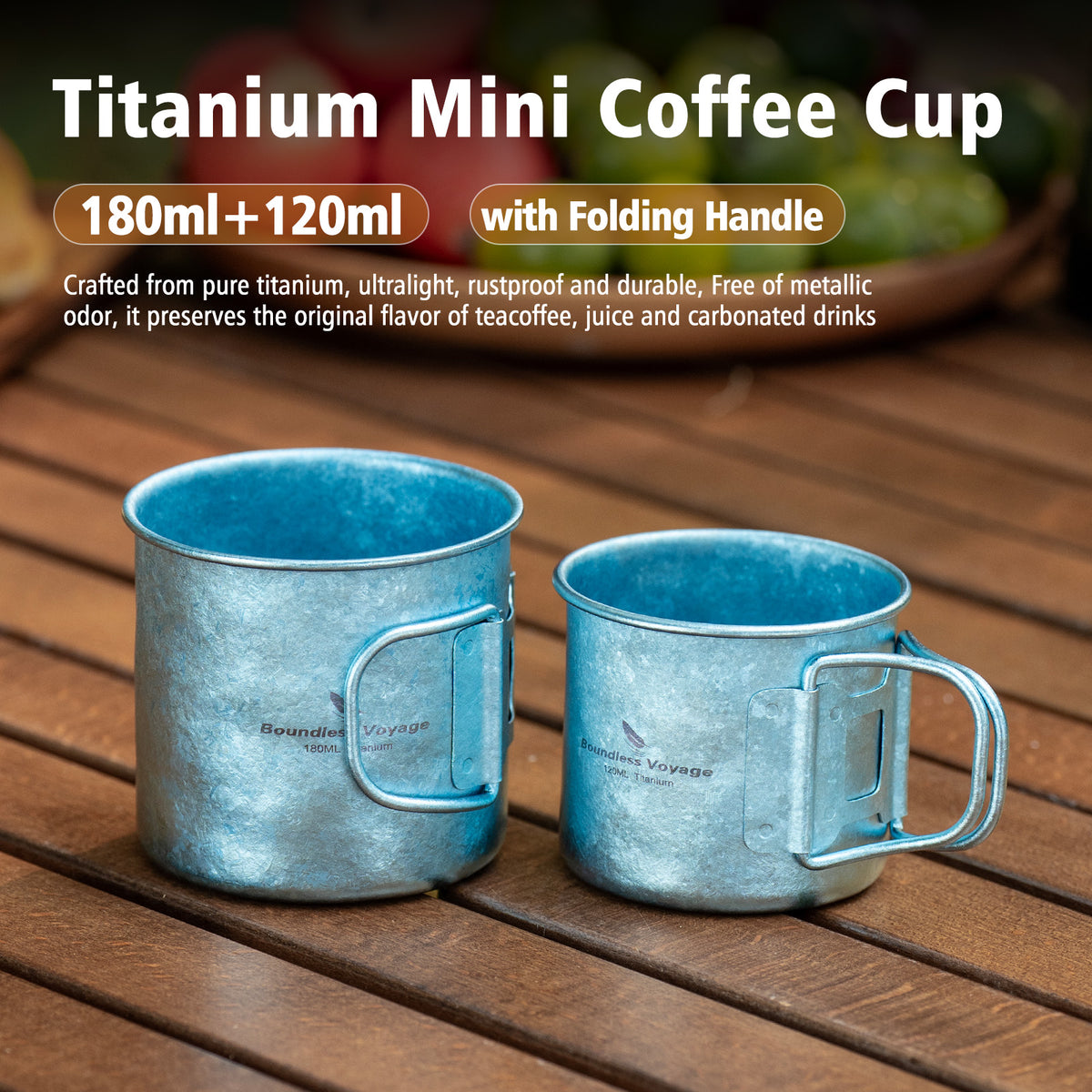 Boundless Voyage Titanium Camping Cup Set 120ml + 180ml – Ultralight Mini Coffee & Tea Mugs with Folding Handles, 2-Piece Set