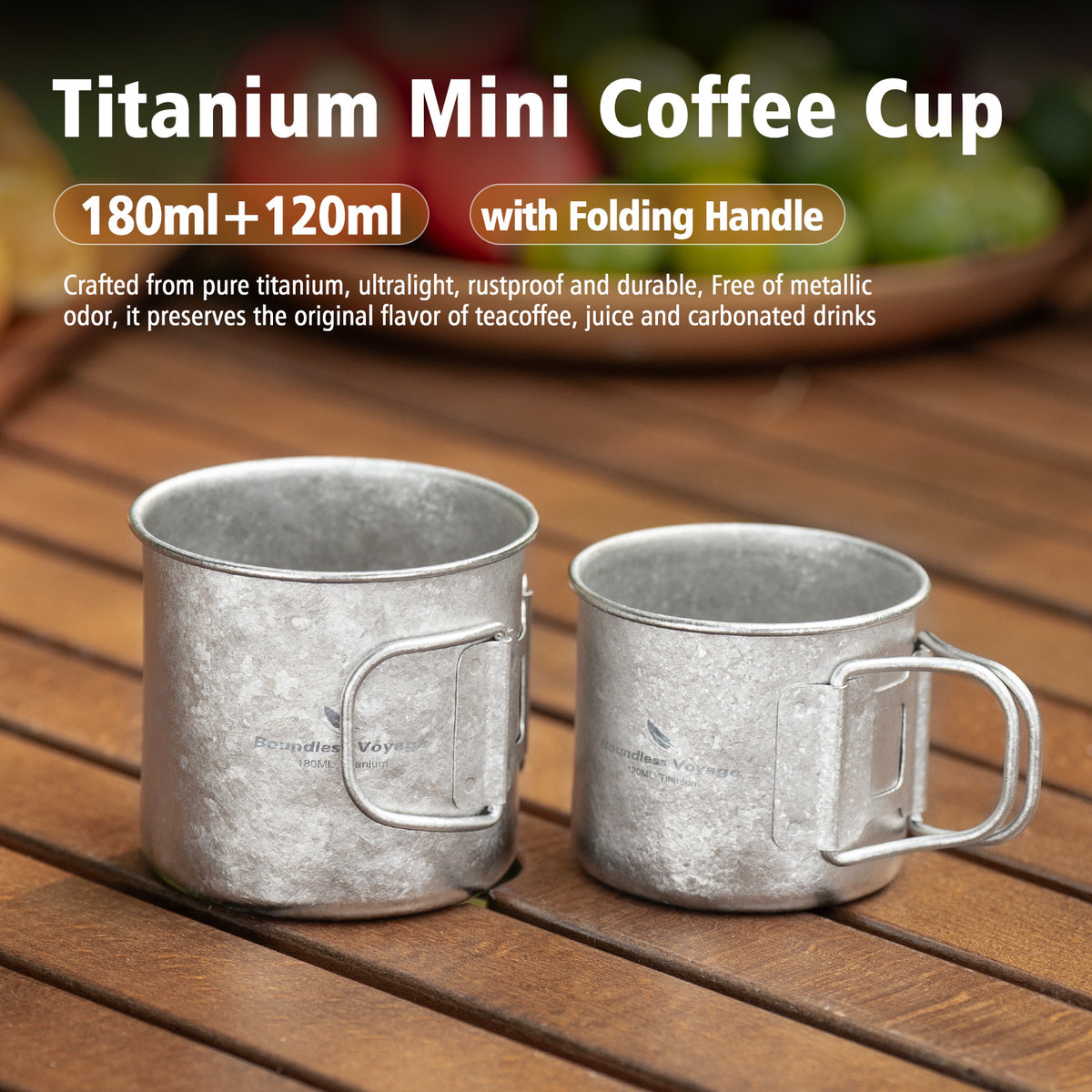Boundless Voyage Titanium Camping Cup Set 120ml + 180ml – Ultralight Mini Coffee & Tea Mugs with Folding Handles, 2-Piece Set