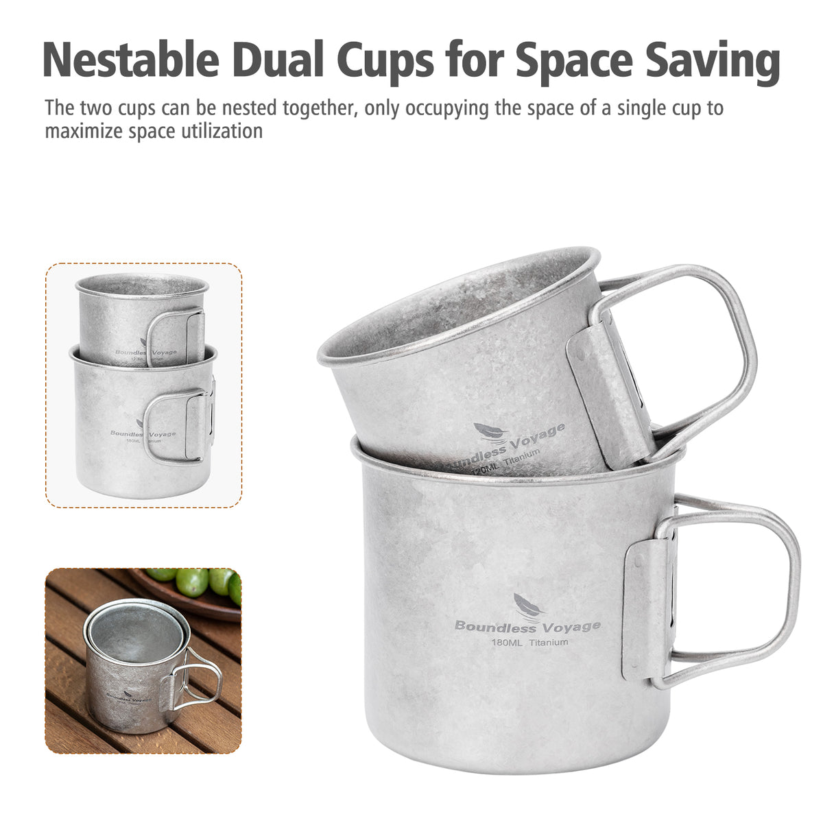 Boundless Voyage Titanium Camping Cup Set 120ml + 180ml – Ultralight Mini Coffee & Tea Mugs with Folding Handles, 2-Piece Set
