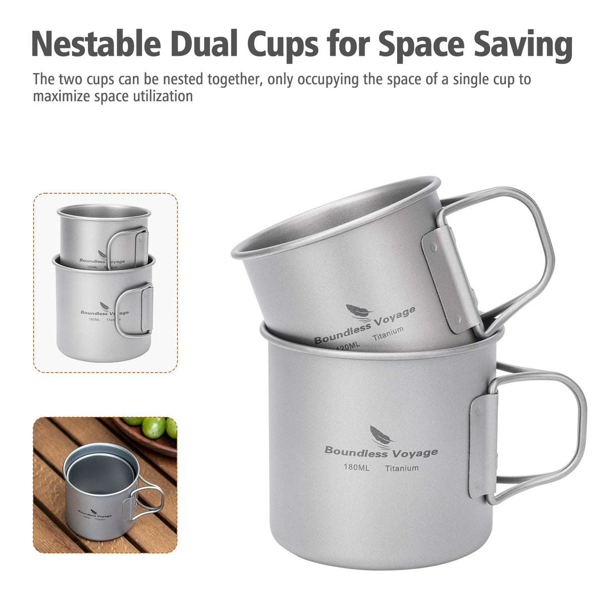 Boundless Voyage Titanium Camping Cup Set 120ml + 180ml – Ultralight Mini Coffee & Tea Mugs with Folding Handles, 2-Piece Set