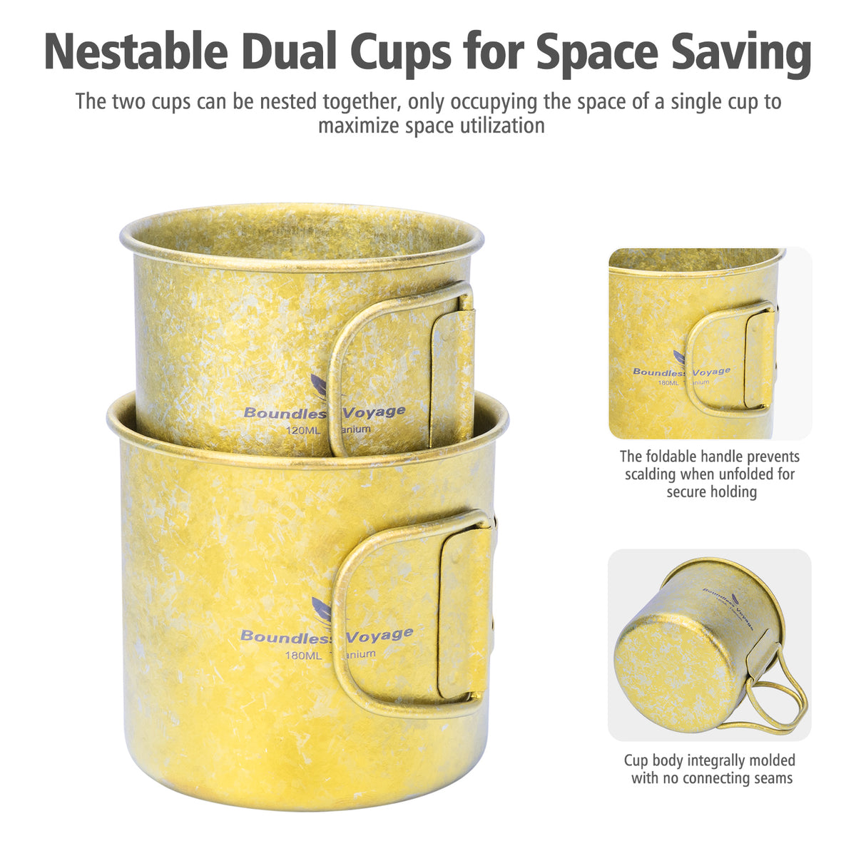 Boundless Voyage Titanium Camping Cup Set 120ml + 180ml – Ultralight Mini Coffee & Tea Mugs with Folding Handles, 2-Piece Set