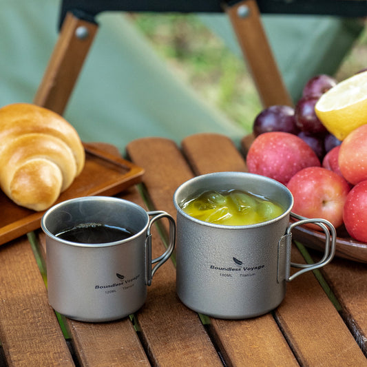 Boundless Voyage Titanium Camping Cup Set 120ml + 180ml – Ultralight Mini Coffee & Tea Mugs with Folding Handles, 2-Piece Set