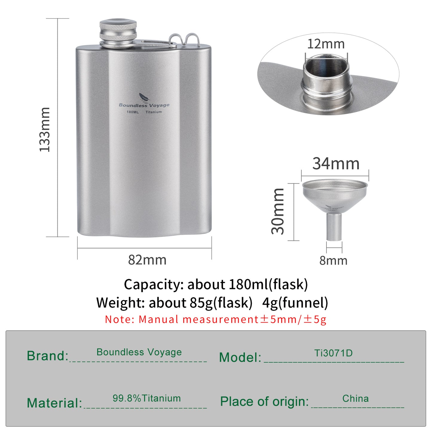 Boundless Voyage Titanium Hip Flask 180ml Rust-Free Ultralight Small Liquor Flask Bottle for Whiskey Vodka Wine Outdoor Portable Travel Outdoor