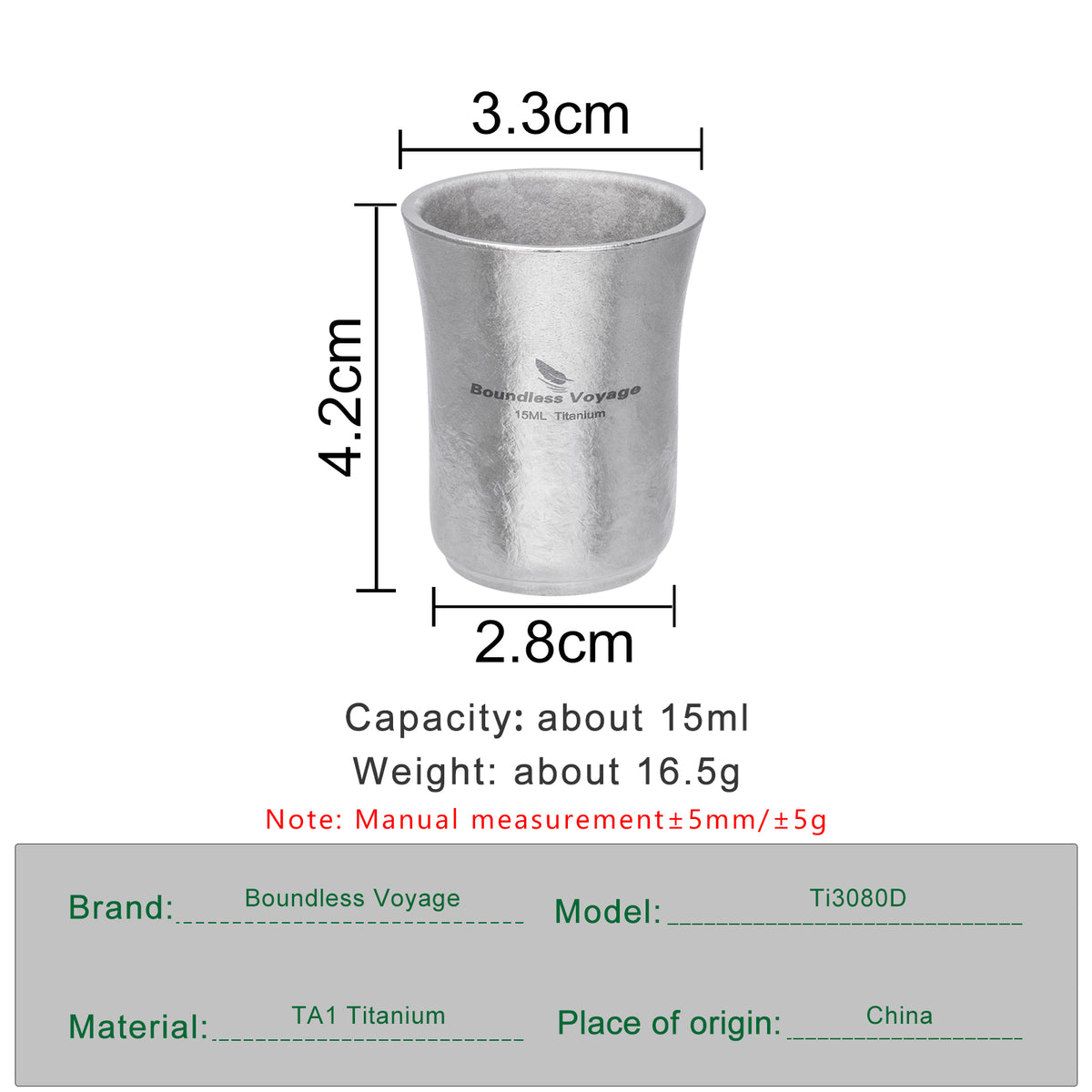 Boundless Voyage 15ml Titanium Sake Cup – Ultralight TA1 Titanium Shot Cup for Sake, Whiskey & Spirits