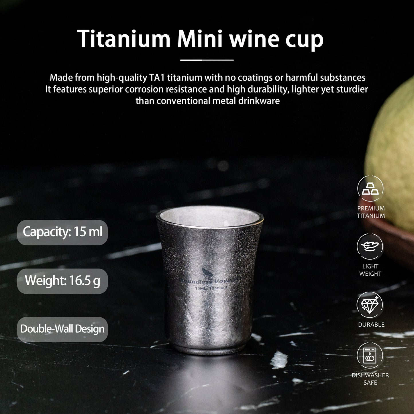 Boundless Voyage 15ml Titanium Sake Cup – Ultralight TA1 Titanium Shot Cup for Sake, Whiskey & Spirits