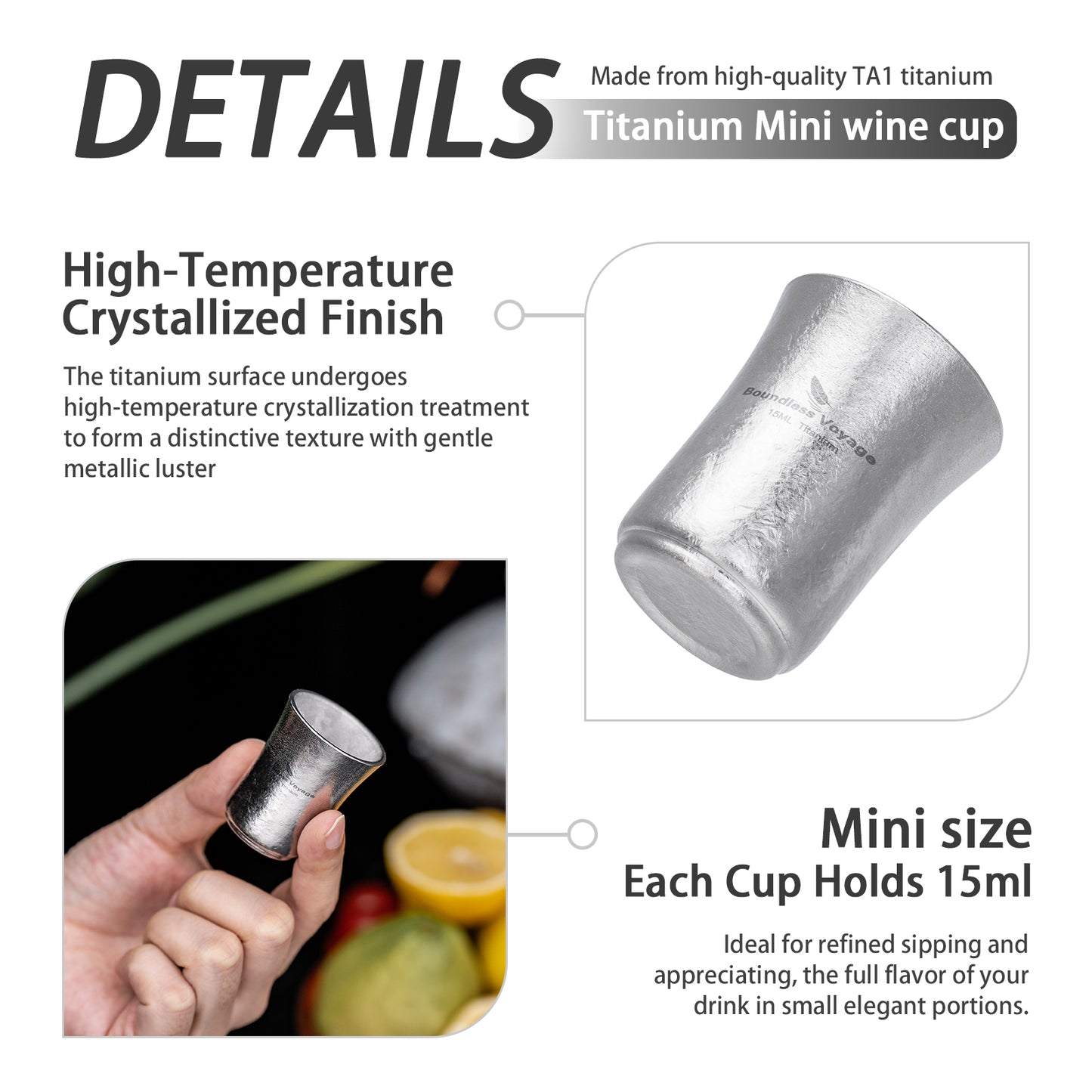 Boundless Voyage 15ml Titanium Sake Cup – Ultralight TA1 Titanium Shot Cup for Sake, Whiskey & Spirits