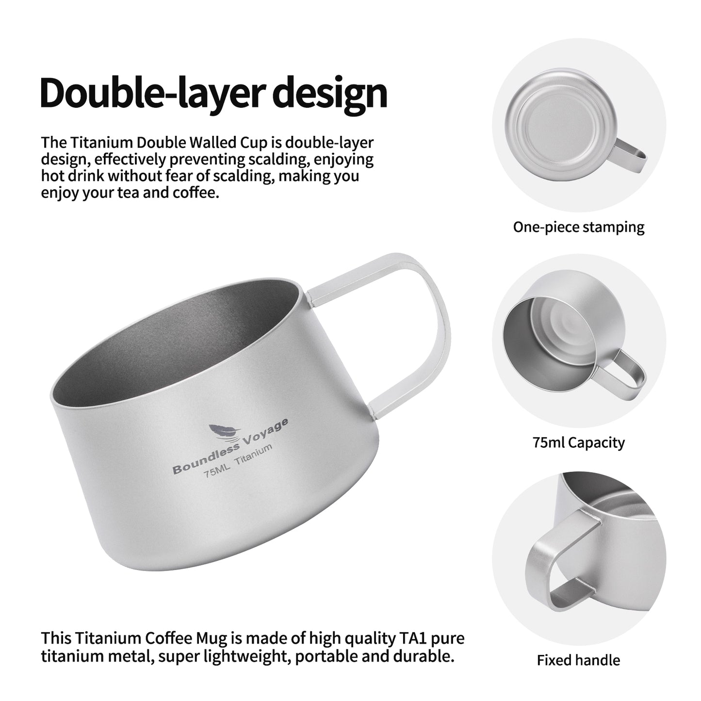 Boundless Voyage 75ml Titanium Double Wall Coffee Cup – Ultralight Mini Espresso & Tea Mug for Camping, Travel & Home