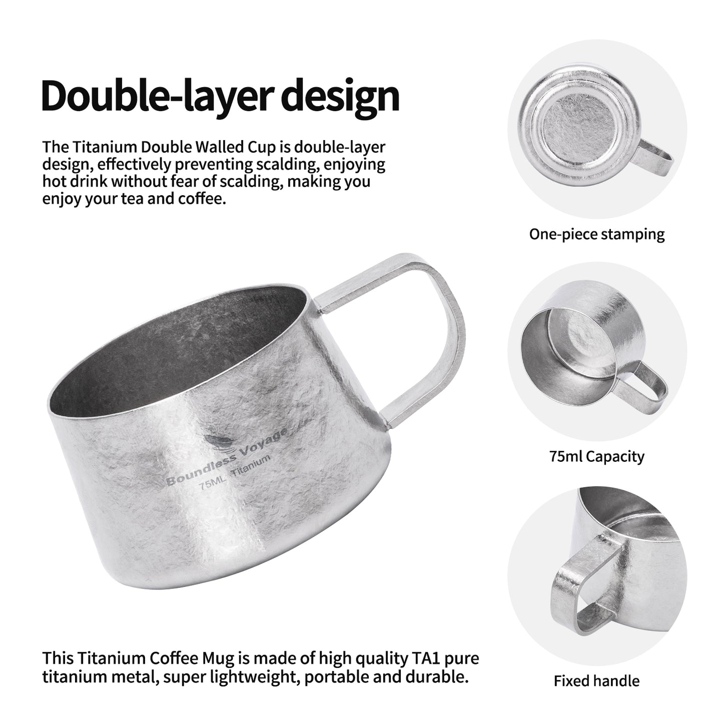 Boundless Voyage 75ml Titanium Double Wall Coffee Cup – Ultralight Mini Espresso & Tea Mug for Camping, Travel & Home