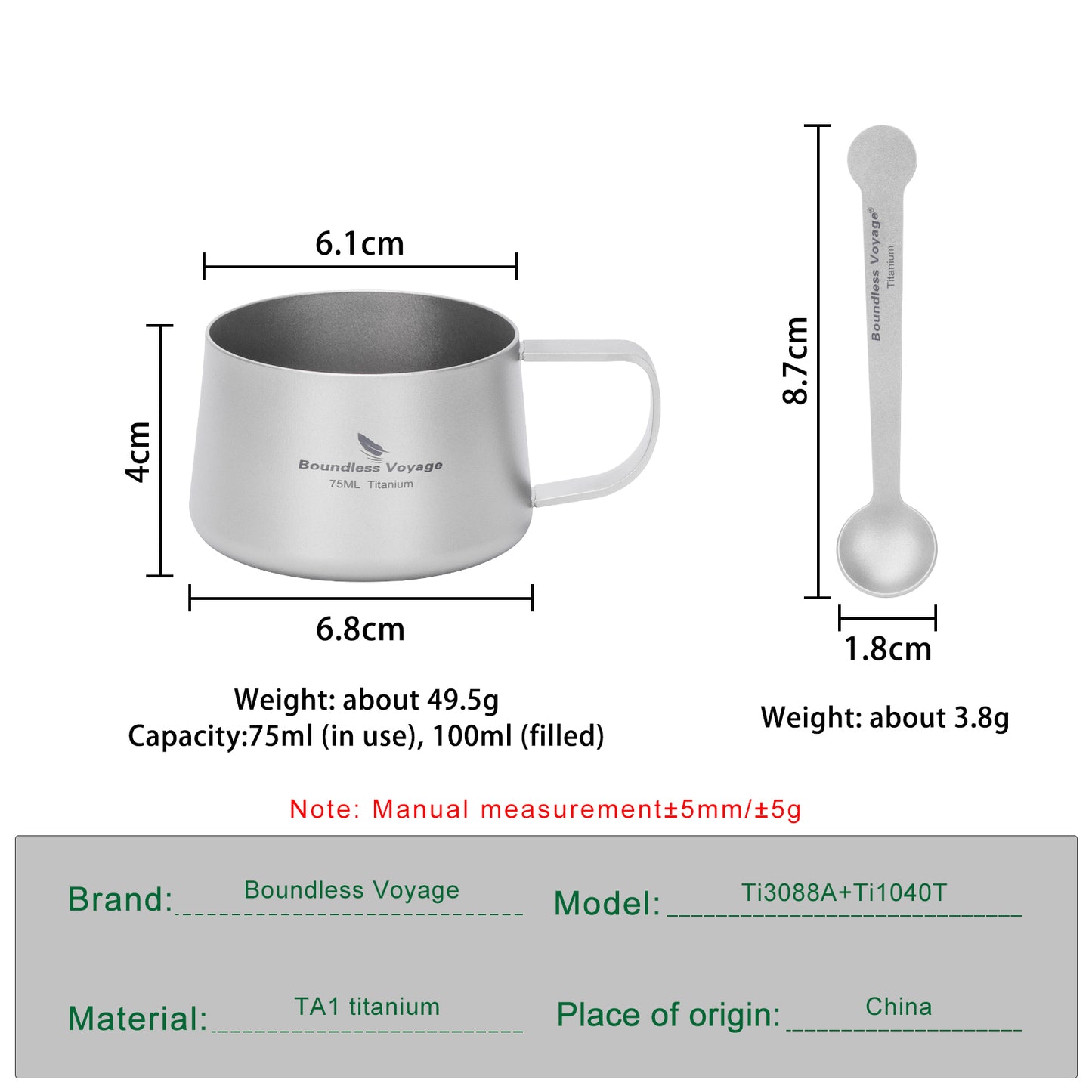 Boundless Voyage 100ml Titanium Double Wall Coffee Cup with Spoon – Ultralight Espresso & Tea Mug for Camping, Travel & Everyday Use
