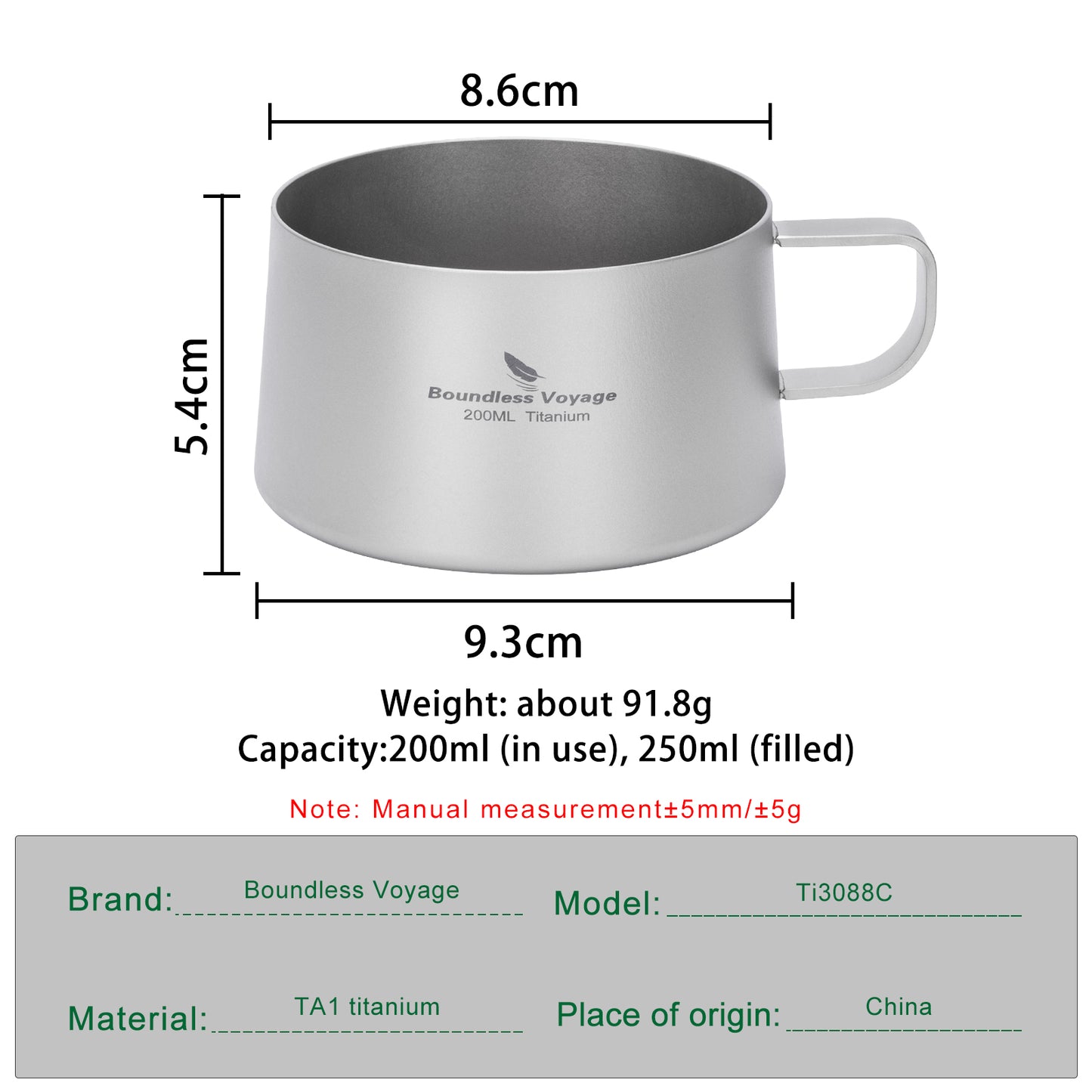 Boundless Voyage 200ml Titanium Double Wall Coffee Cup with Spoon – Ultralight Tea Mug for Camping, Travel & Everyday Use