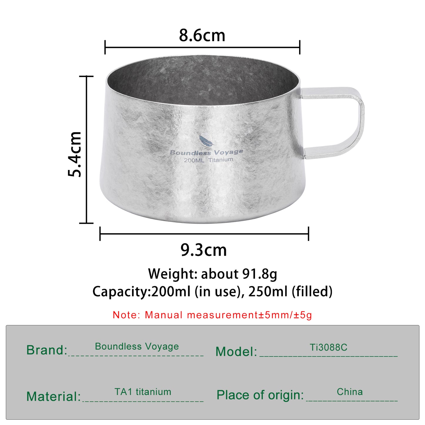 Boundless Voyage 200ml Titanium Double Wall Coffee Cup with Spoon – Ultralight Tea Mug for Camping, Travel & Everyday Use