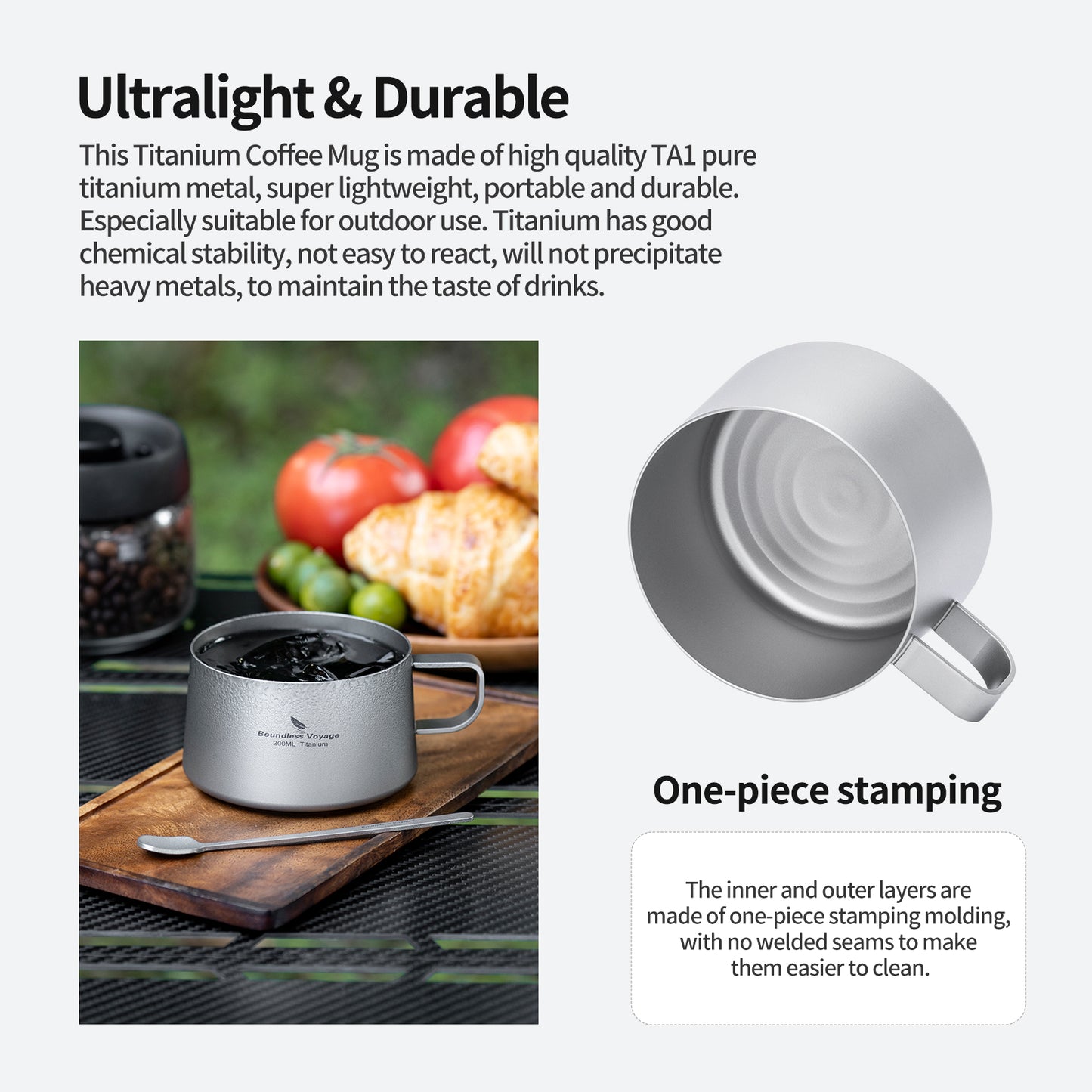 Boundless Voyage 200ml Titanium Double Wall Coffee Cup with Spoon – Ultralight Tea Mug for Camping, Travel & Everyday Use