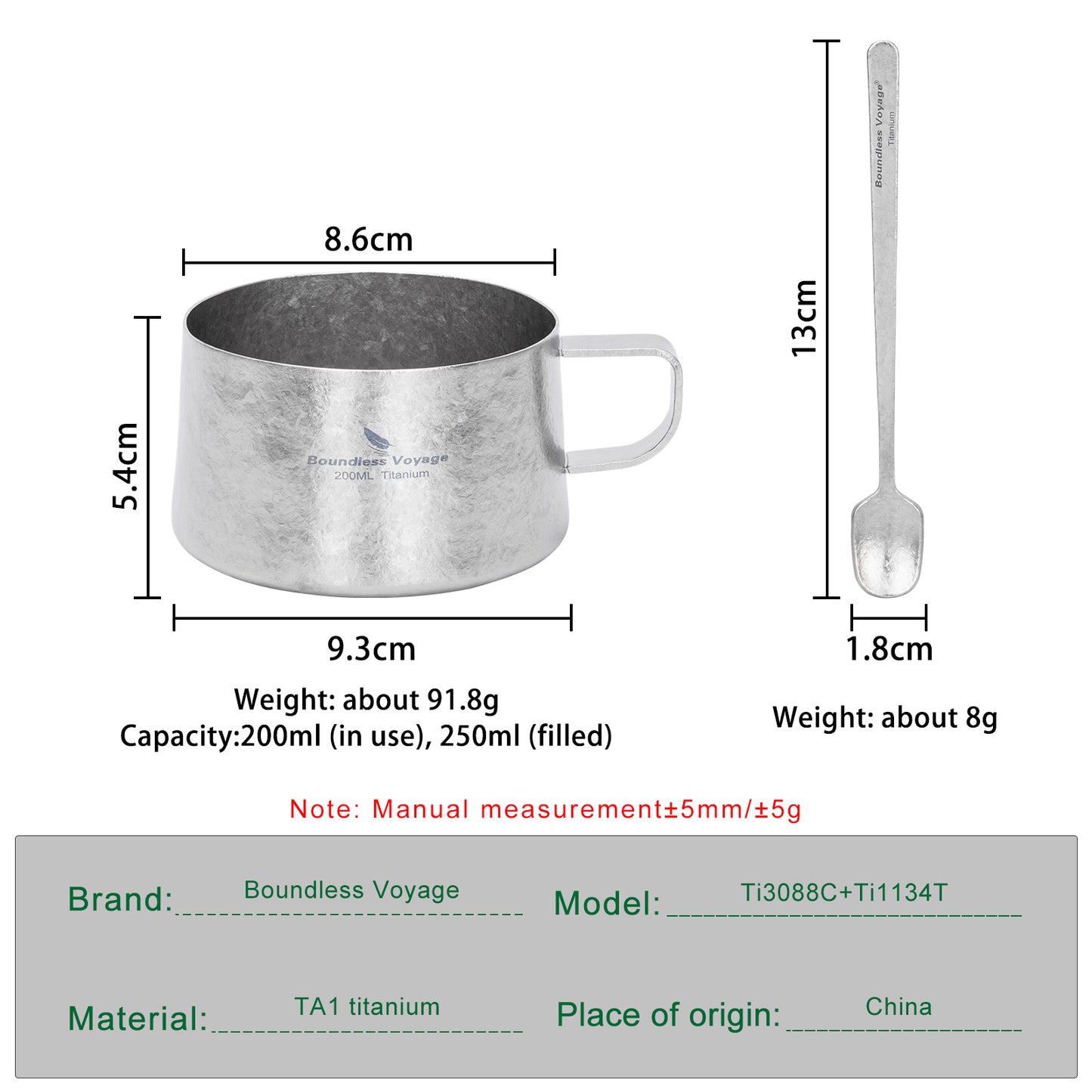 Boundless Voyage 200ml Titanium Double Wall Coffee Cup with Spoon – Ultralight Tea Mug for Camping, Travel & Everyday Use