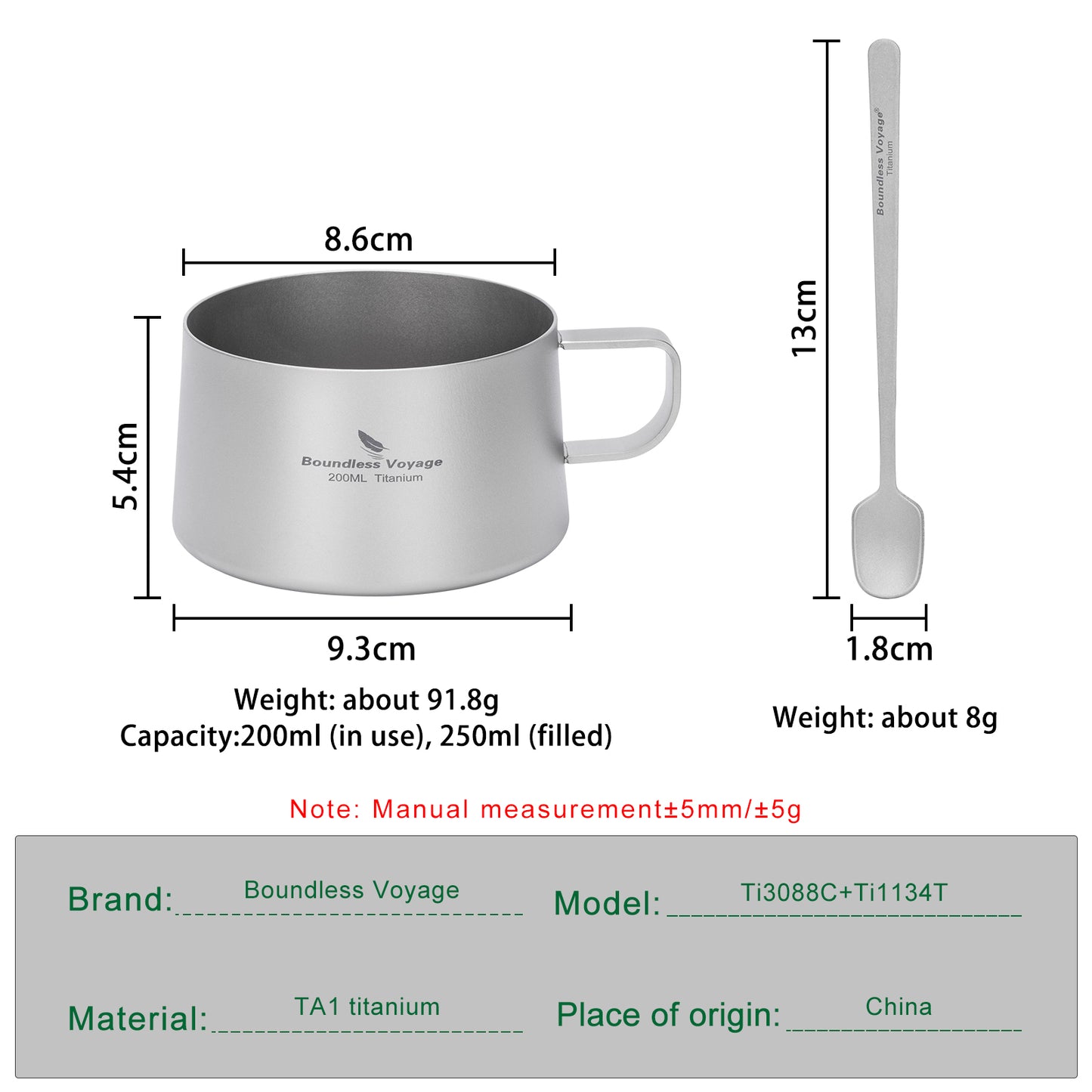Boundless Voyage 200ml Titanium Double Wall Coffee Cup with Spoon – Ultralight Tea Mug for Camping, Travel & Everyday Use
