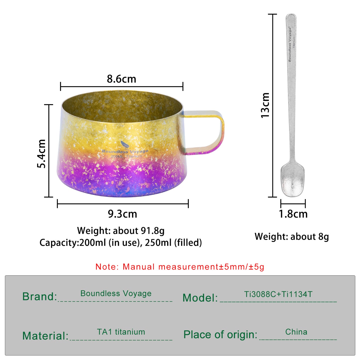 Boundless Voyage 200ml Titanium Double Wall Coffee Cup with Spoon – Ultralight Tea Mug for Camping, Travel & Everyday Use