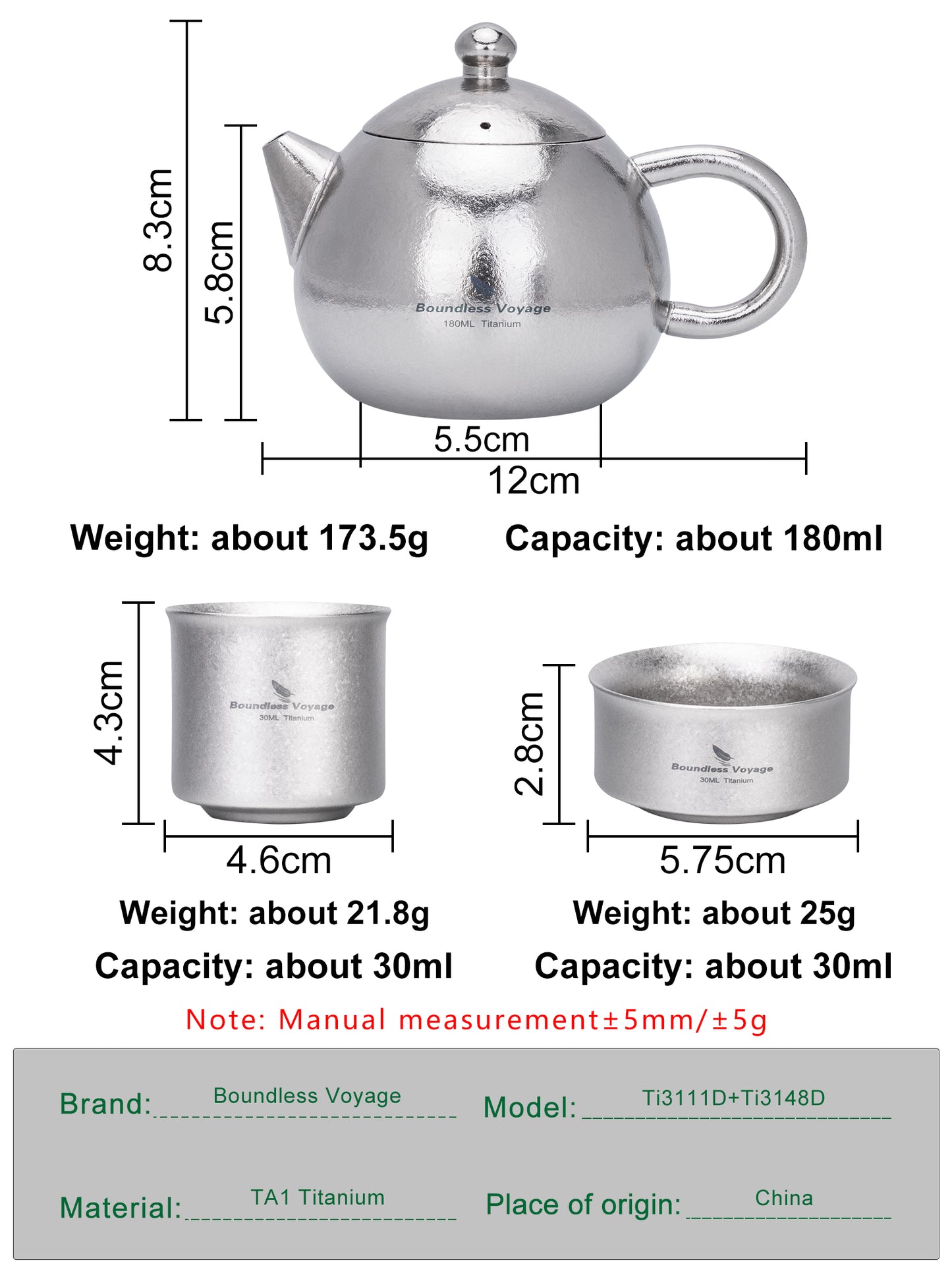 Boundless Voyage Titanium Teapot Set 180ml – Ultralight Tea Set with 3  30ml Cups for Camping, Travel & Home Tea Brewing