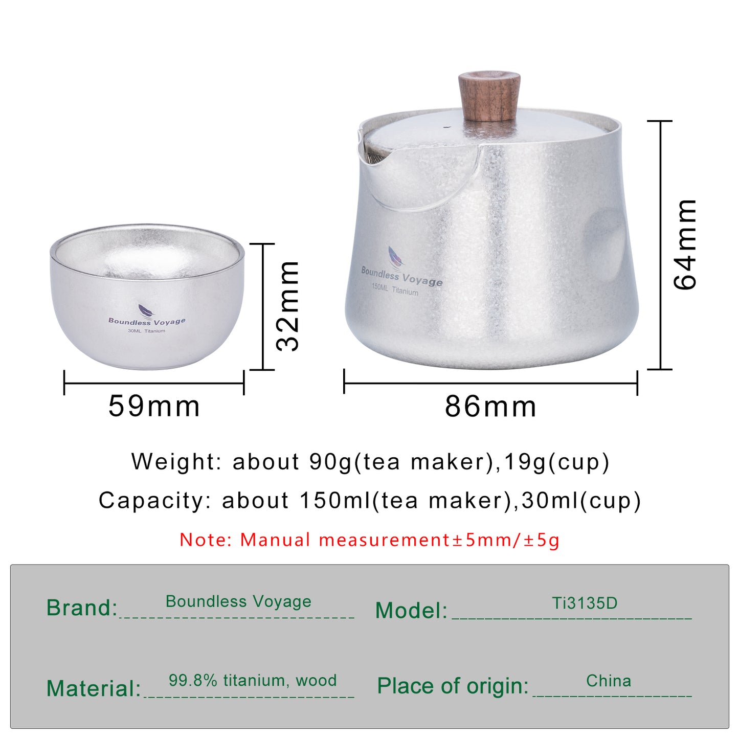 Boundless Voyage 150ml Titanium Double-Layer Tea Set | 109g Ultralight Mini Teapot & 30ml Cup | Insulated Anti-Scald Travel Tea Maker for Camping