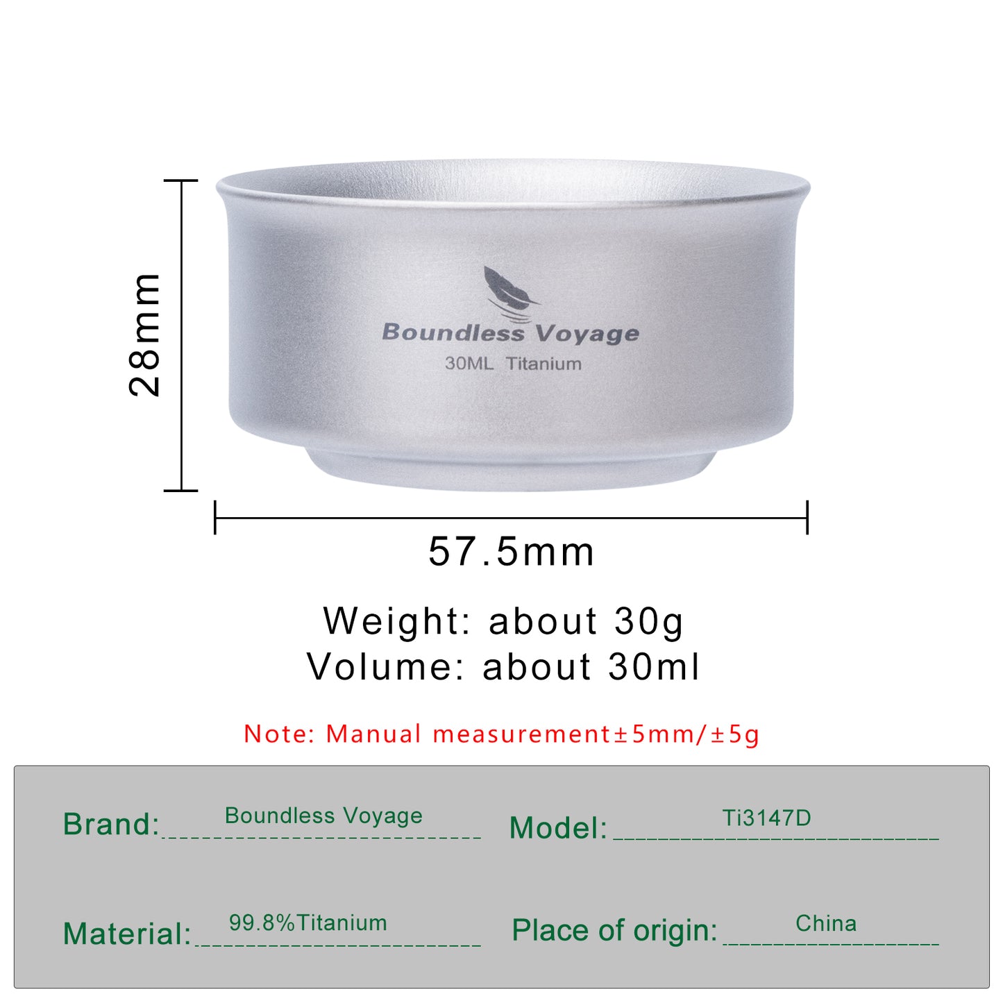 Boundless Voyage Titanium Insulated Mini Cup 30ml | Double-Walled Tasting Mug for Espresso & Kung Fu Tea | BPA-Free Camping Tableware