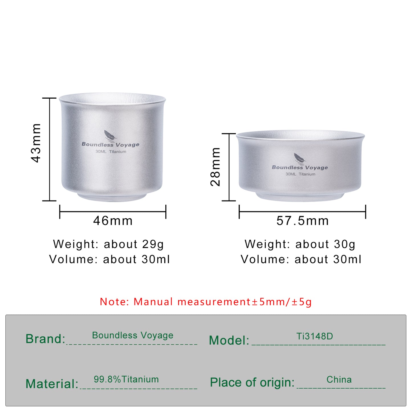 Boundless Voyage 3-Piece Titanium Double-Walled Tea Cup Set | 30ml Mini Insulated Coffee Mugs | Anti-Scald Ultralight Tasting Cups for Camping