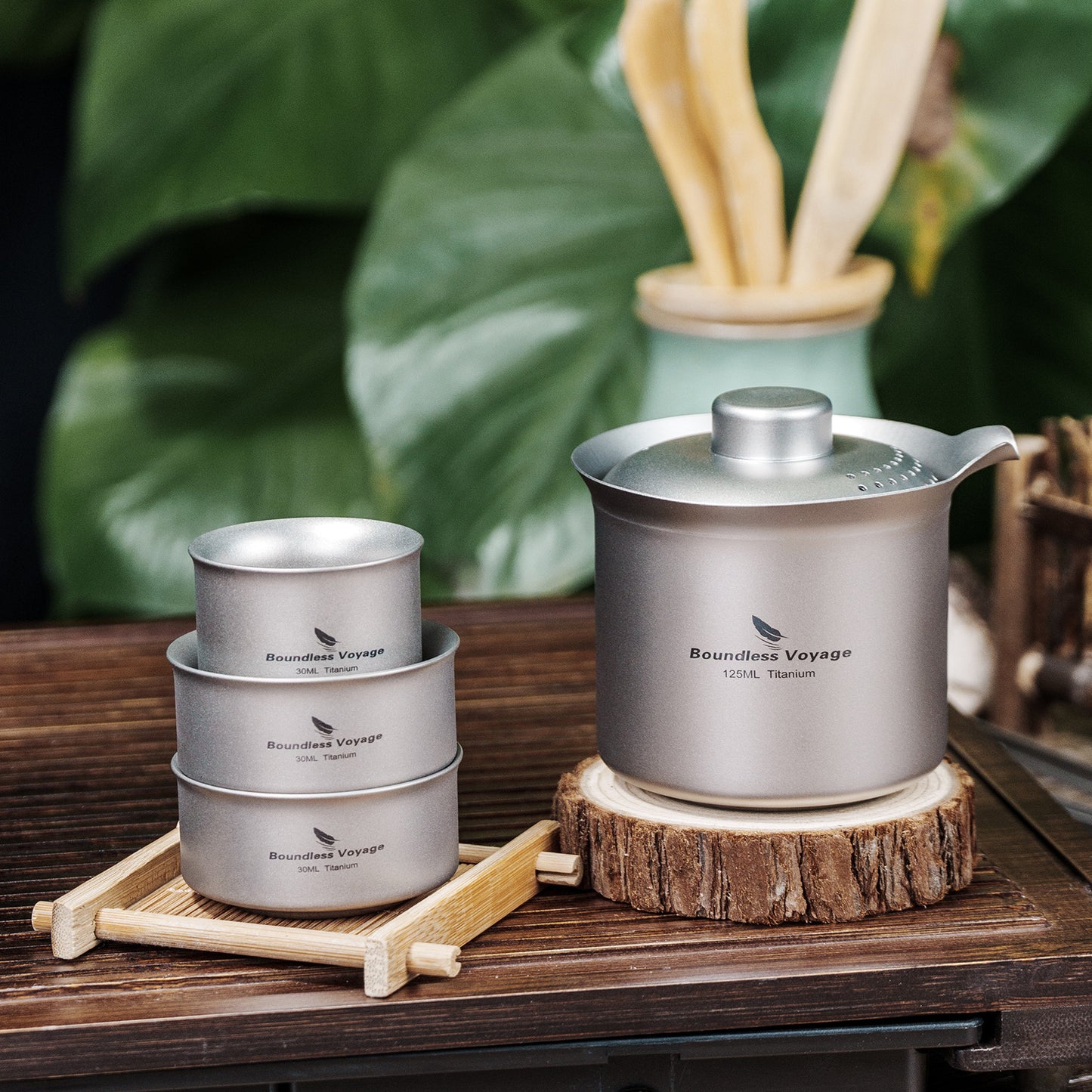 Boundless Voyage Titanium Double-Layer Tea Maker Set – Ultralight Camping Tea Pot + 3 Mini Cups (30ml) for Outdoor Brewing & Travel Tea Ceremony