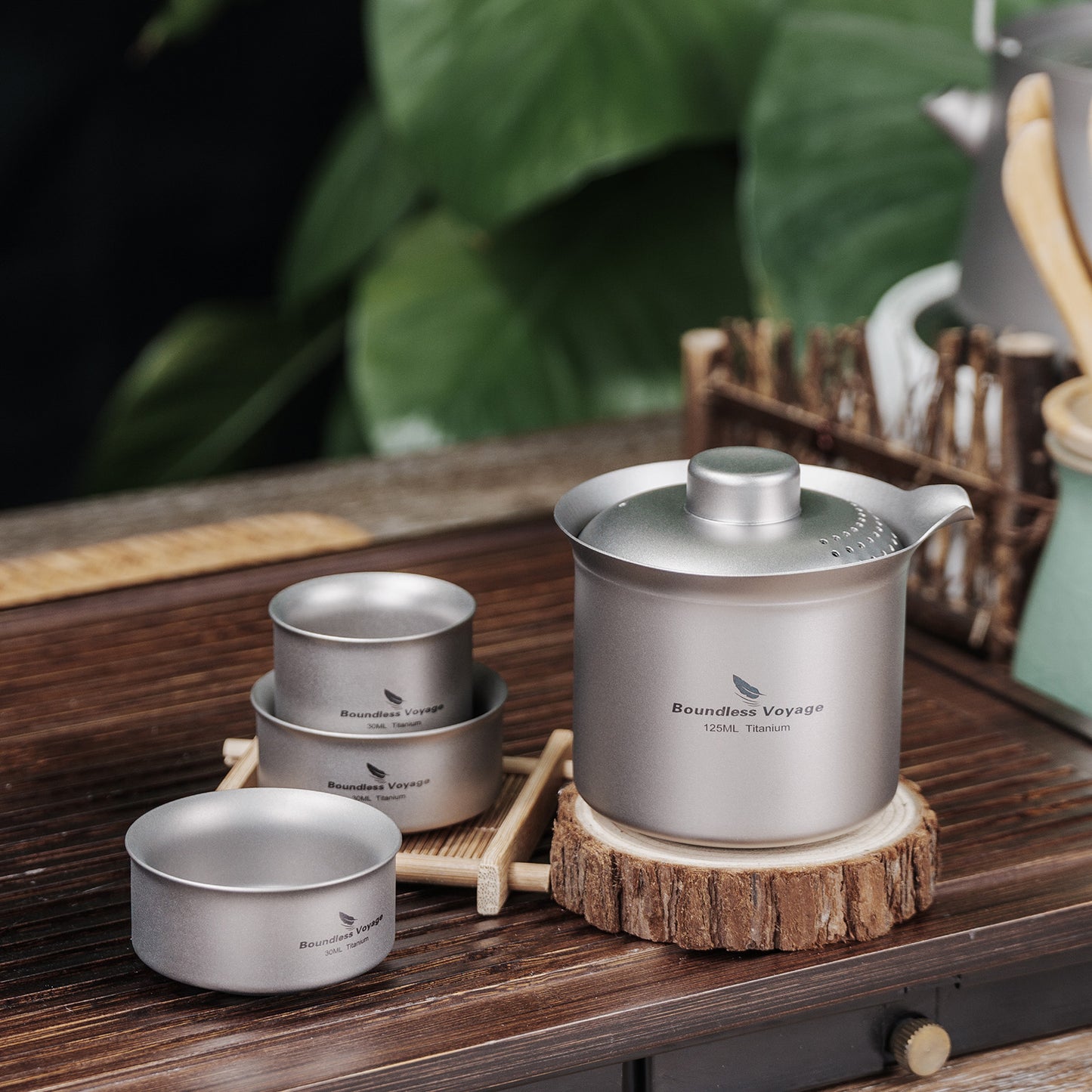 Boundless Voyage Titanium Double-Layer Tea Maker Set – Ultralight Camping Tea Pot + 3 Mini Cups (30ml) for Outdoor Brewing & Travel Tea Ceremony