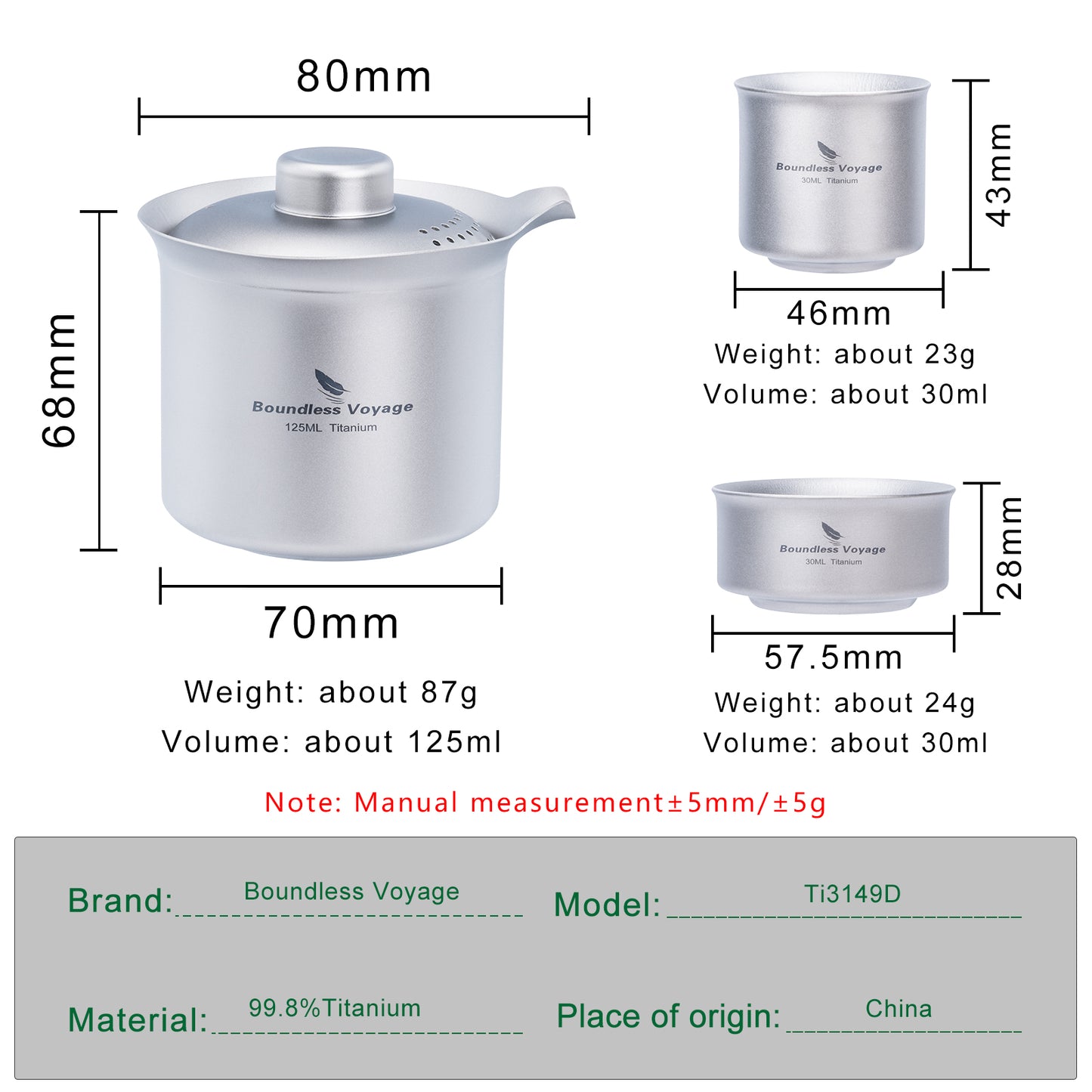 Boundless Voyage Titanium Double-Layer Tea Maker Set – Ultralight Camping Tea Pot + 3 Mini Cups (30ml) for Outdoor Brewing & Travel Tea Ceremony