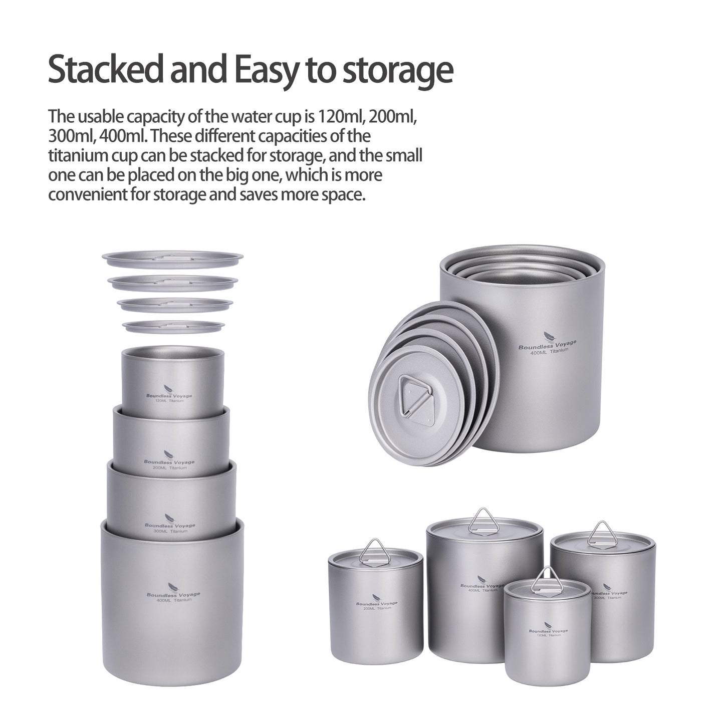 Boundless Voyage Titanium Double-wall Cup with Lid 120ml / 200ml / 300ml / 400ml Ultralight Insulated Camping Mug Set
