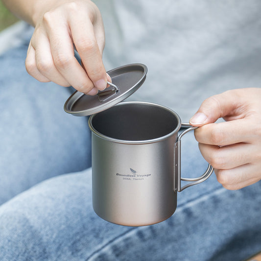 Boundless Voyage 300ml Titanium Camping Cup with Lid – Eco-Friendly, Stackable & Ultralight | Durable Mug Pot for Backpacking, Hiking & Travel