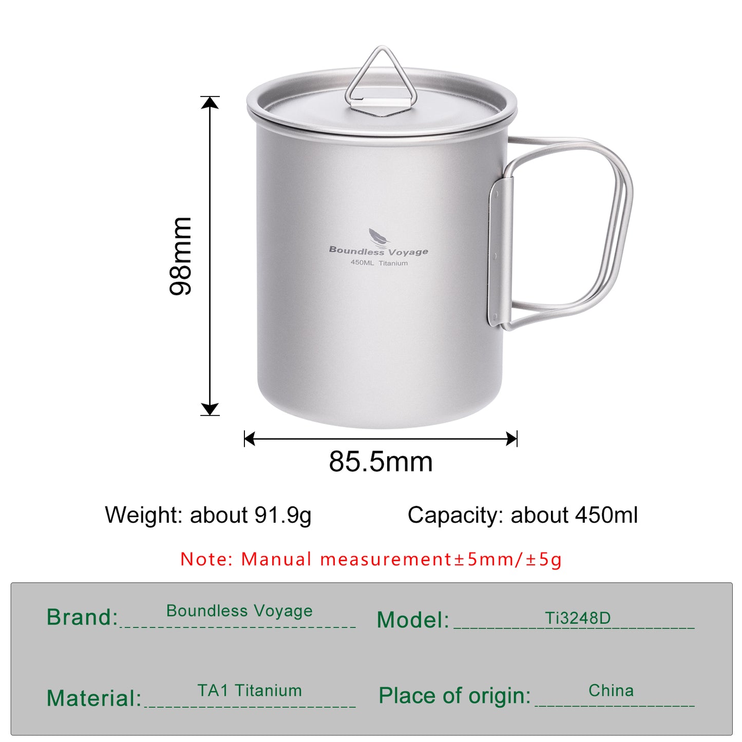 Boundless Voyage 450ml Titanium Camping Cup with Lid | Stackable Ultralight Mug Pot for Backpacking, Hiking & Travel | Durable Portable Cookware