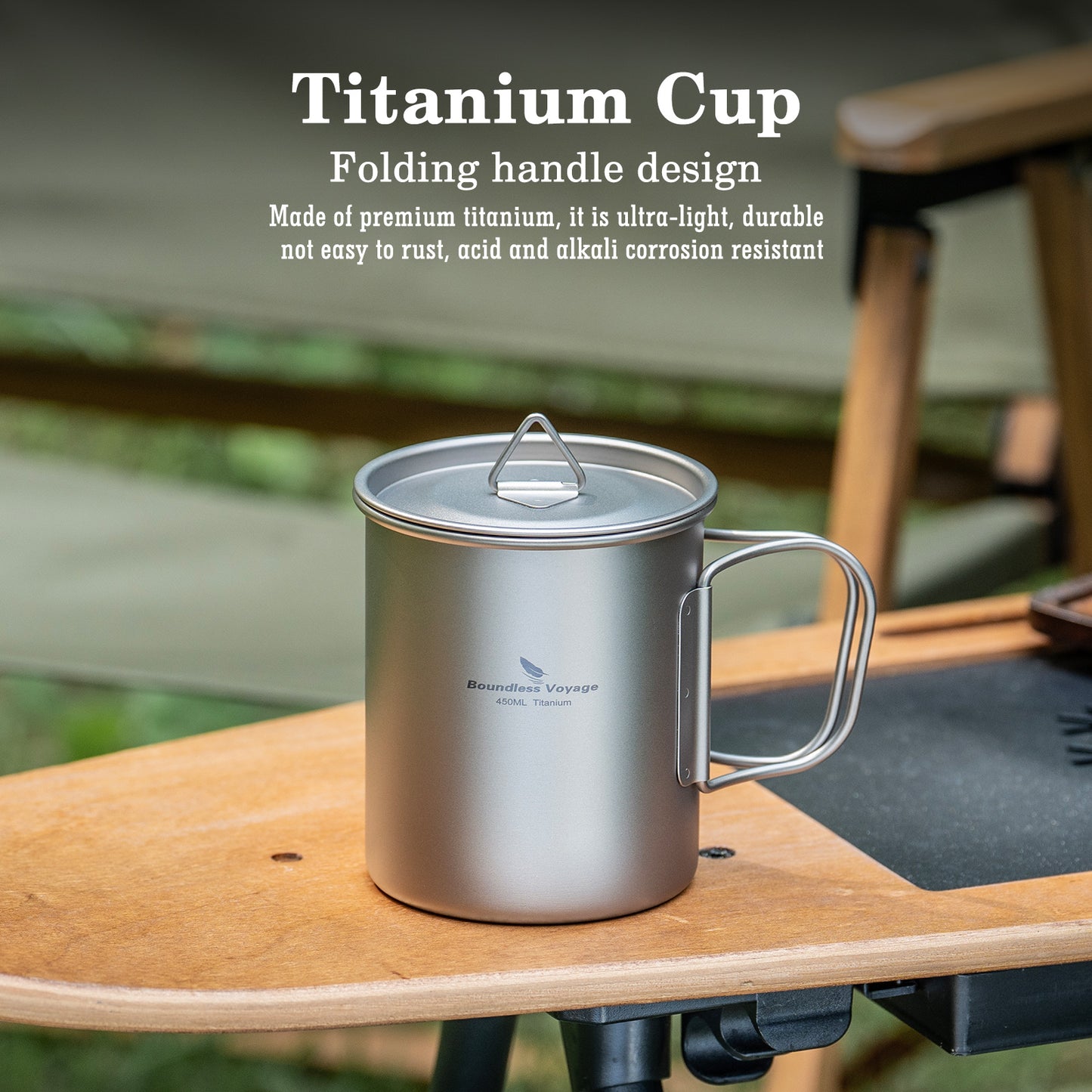 Boundless Voyage 450ml Titanium Camping Cup with Lid | Stackable Ultralight Mug Pot for Backpacking, Hiking & Travel | Durable Portable Cookware