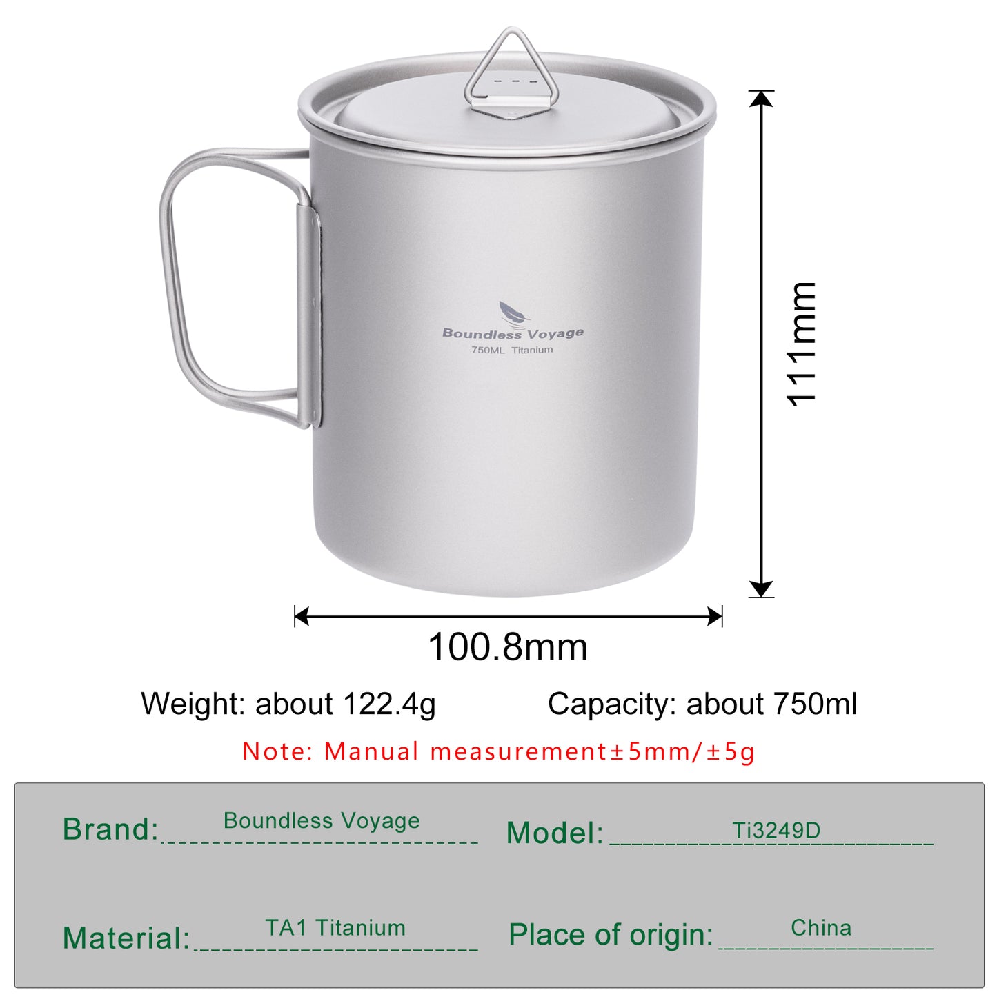 Boundless Voyage 750ml Titanium Camping Cup with Lid – Eco-Friendly, Stackable & Ultralight | Durable Mug Pot for Backpacking, Hiking & Travel