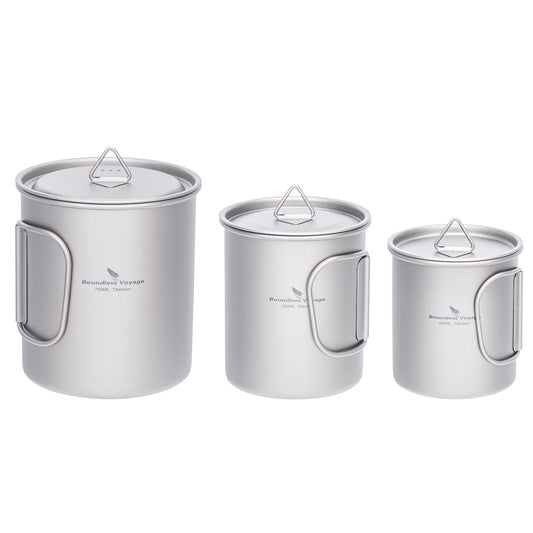 Boundless Voyage Titanium Camping Cup with Lid – 300ml / 450ml / 750ml Stackable Ultralight Mug Pot for Backpacking, Hiking & Outdoor Cooking
