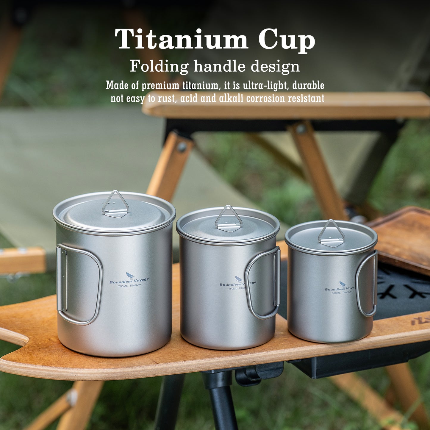 Boundless Voyage Titanium Camping Cup with Lid – 300ml / 450ml / 750ml Stackable Ultralight Mug Pot for Backpacking, Hiking & Outdoor Cooking