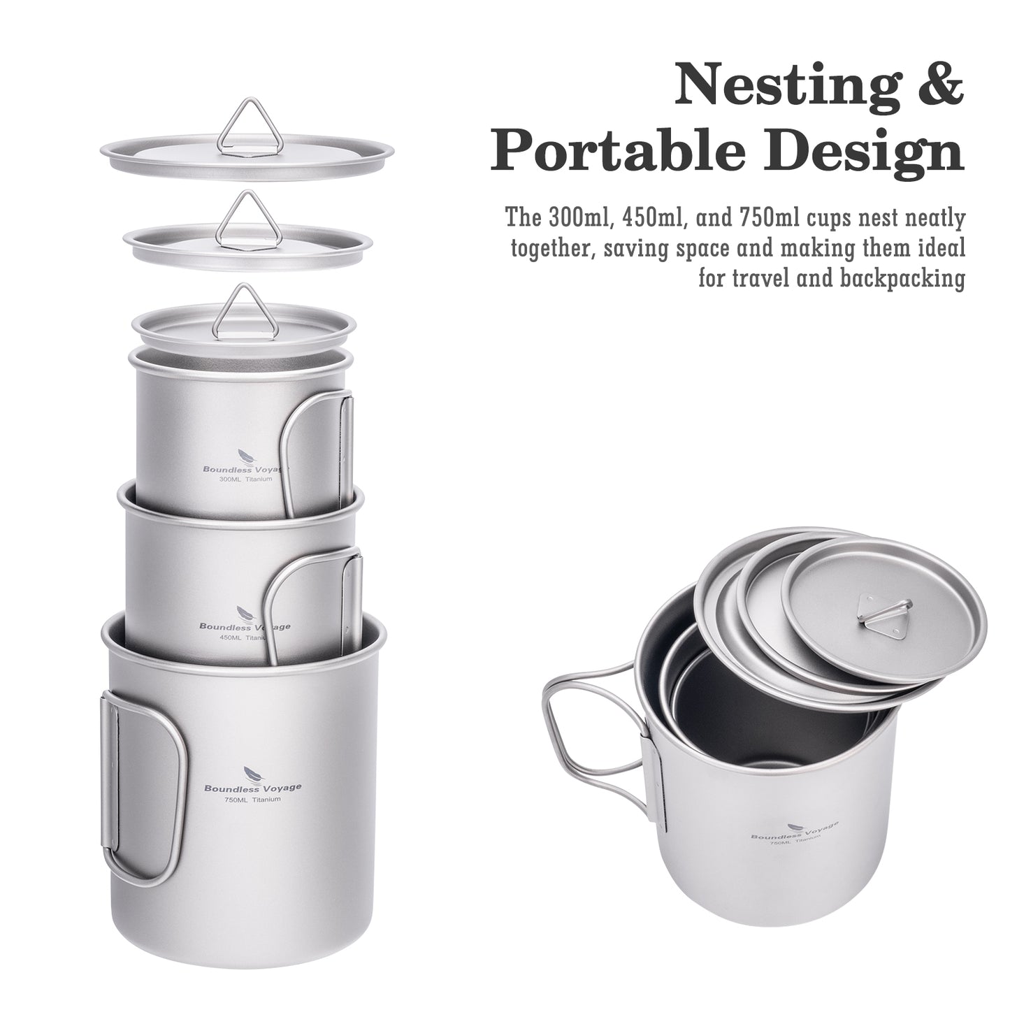Boundless Voyage Titanium Camping Cup with Lid – 300ml / 450ml / 750ml Stackable Ultralight Mug Pot for Backpacking, Hiking & Outdoor Cooking