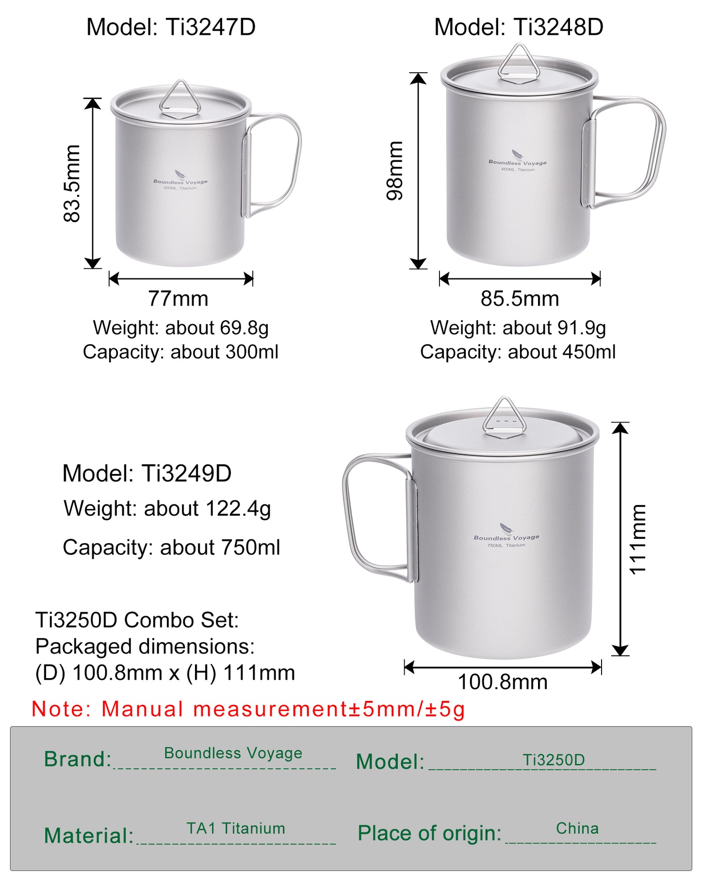 Boundless Voyage Titanium Camping Cup with Lid – 300ml / 450ml / 750ml Stackable Ultralight Mug Pot for Backpacking, Hiking & Outdoor Cooking