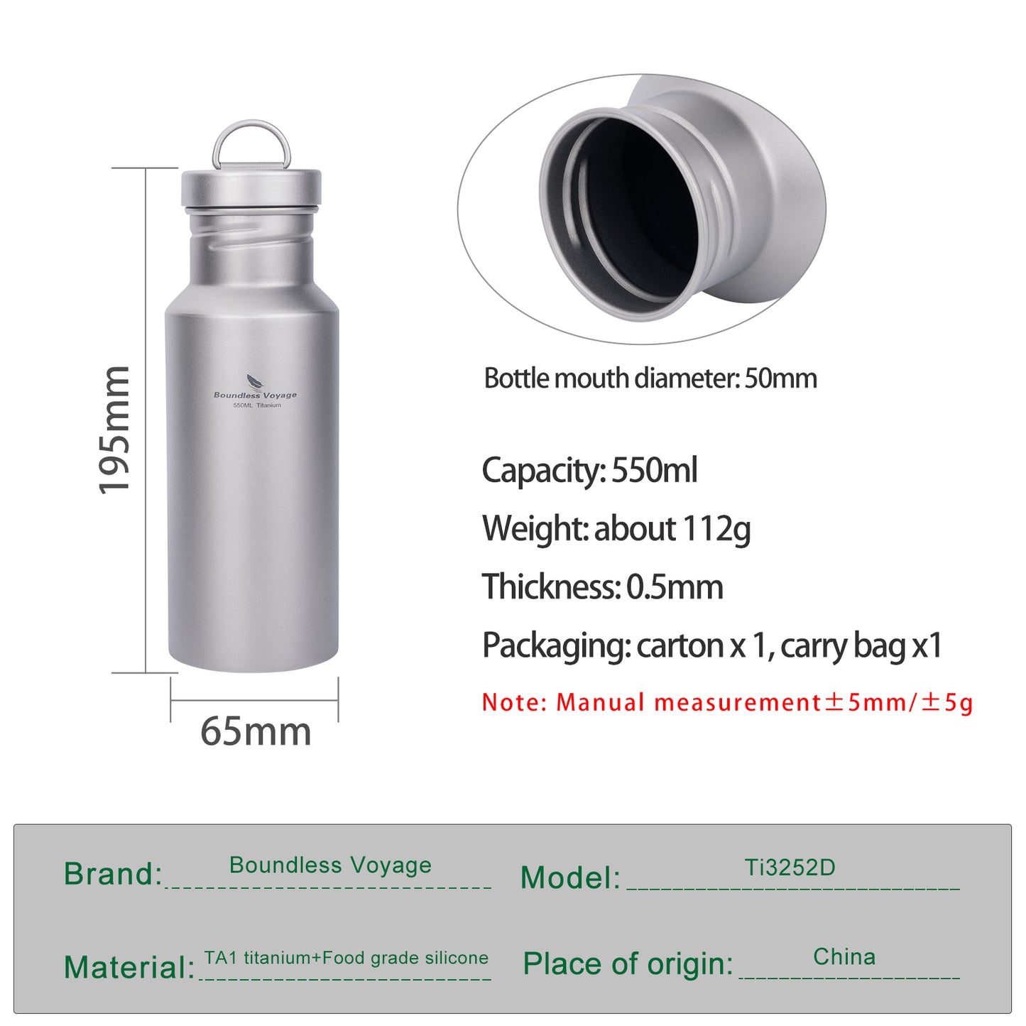 Boundless Voyage Titanium Water Bottle 550ml with Lid Wide Mouth Leak-Proof Reusable Sport Drinking Bottle for Camping Hiking Tea Coffee