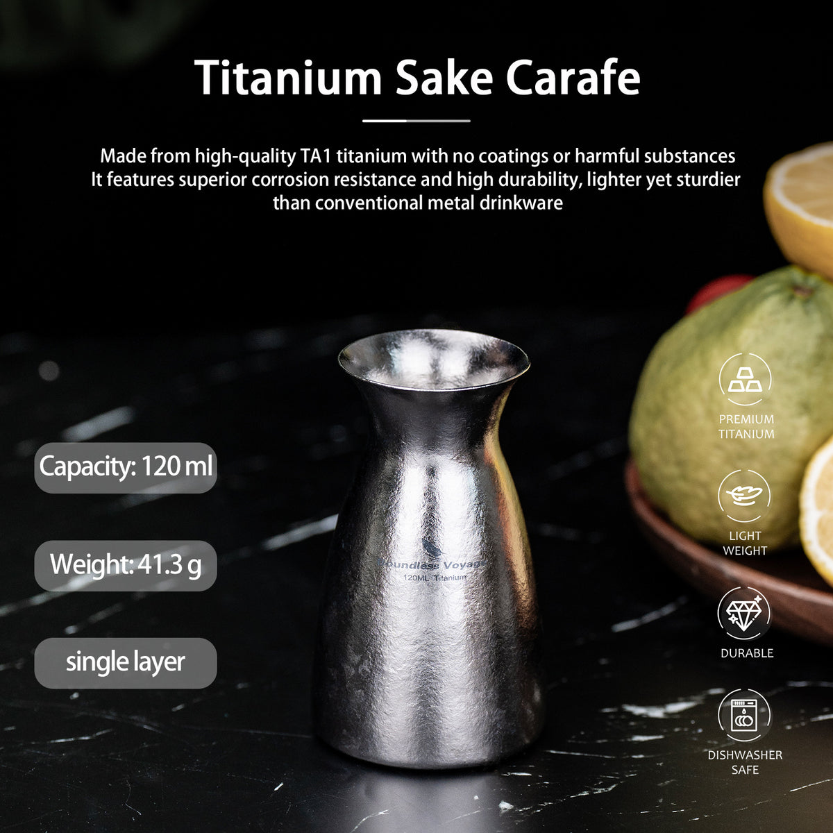 Boundless Voyage 120ml Pure Titanium Sake Carafe – Ultralight Japanese Sake Server for Whiskey, Spirits, Home Bar & Travel