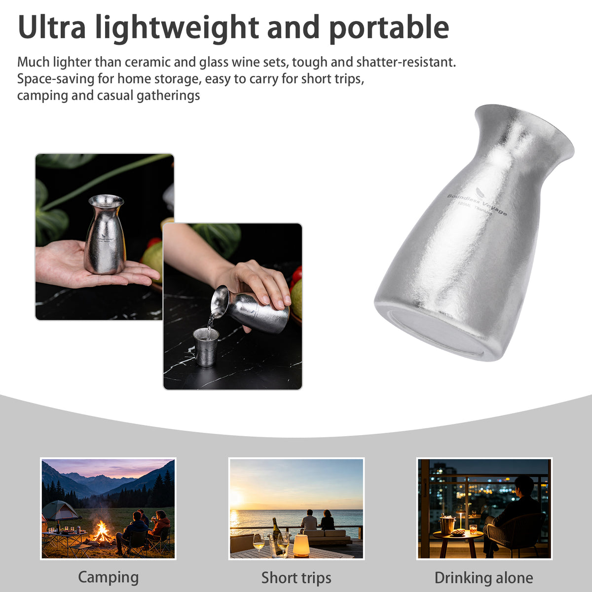 Boundless Voyage 120ml Pure Titanium Sake Carafe – Ultralight Japanese Sake Server for Whiskey, Spirits, Home Bar & Travel