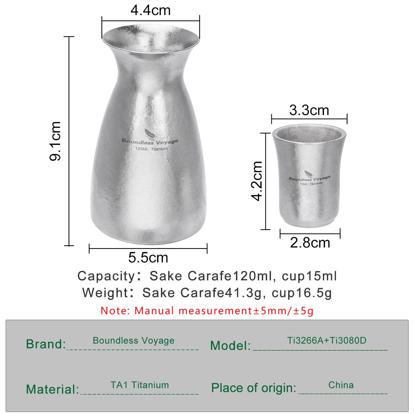 Boundless Voyage Titanium Sake Set – 120ml Sake Carafe & 15ml Cup, Ultralight TA1 Titanium Drinkware for Sake, Whiskey & Spirits
