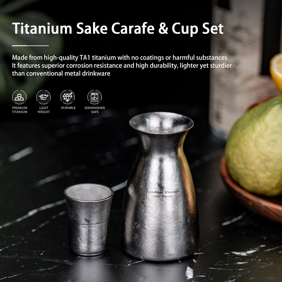 Boundless Voyage Titanium Sake Set – 120ml Sake Carafe & 15ml Cup, Ultralight TA1 Titanium Drinkware for Sake, Whiskey & Spirits